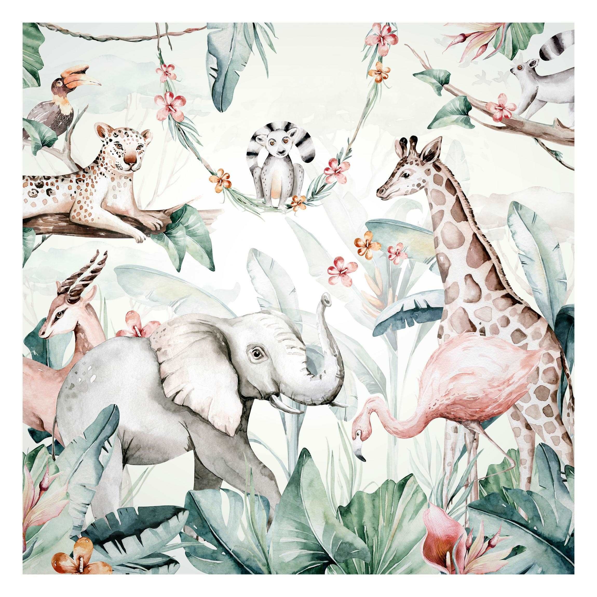 Papel pintado fotomural acuarela bosque áfrica arte naturaleza 352 - habitación infantil niño habitación niña - tnt 240 x 240 cm smart