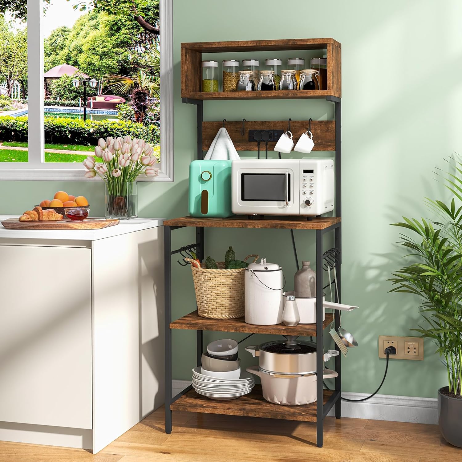 Mensola da Cucina, Supporto per Microonde con Presa Elettrica Ripiani Aperti e 10 Ganci Appendiabiti, Scaffale Multifunzionale per Cucina Sogg - 4