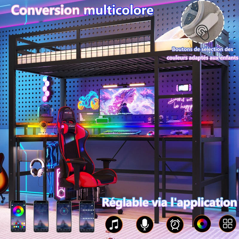 Lit mezzanine en métal 90x200 cm avec Bureau, Éclairage LED RGB App, lit enfant avec Ports USB/Type-C, Prises et Panneau Perforé, noir (sans Matelas) - 3