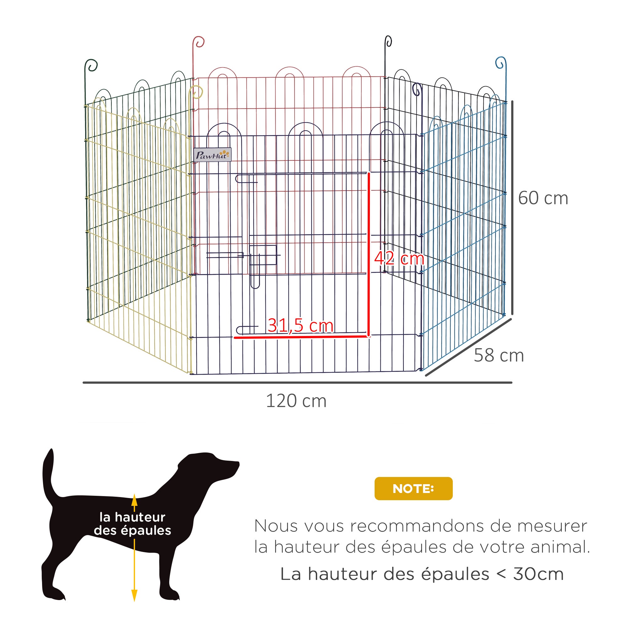 Enclos pliant - PawHut - pour chiens petits animaux intérieur et extérieur - 6 panneaux avec porte - Ø 120 x 60 cm - multicolore - 3