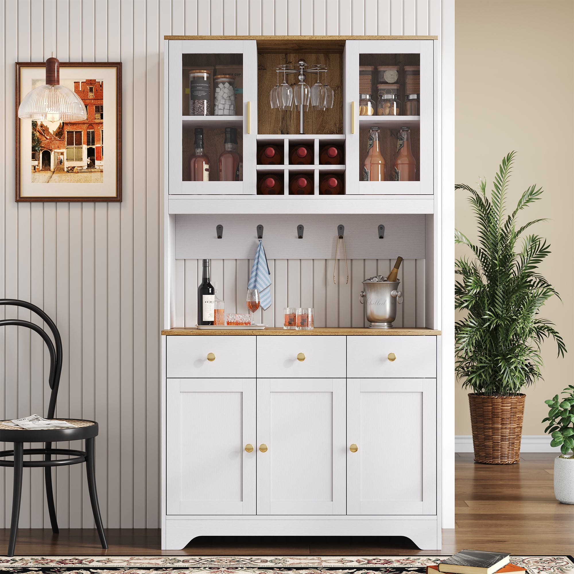 Komoda kuchenna z 5 drzwiami i 3 szufladami, regał wiszący do jadalni - 94,5 x 30 x 175,5 cm - MDF - Kolor naturalny i drewna - 7