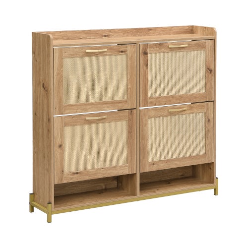 Meuble à Chaussures En Rotin 90x17x125 Cm - 3 Portes Basculantes + Tiroir - Bois Massif Naturel