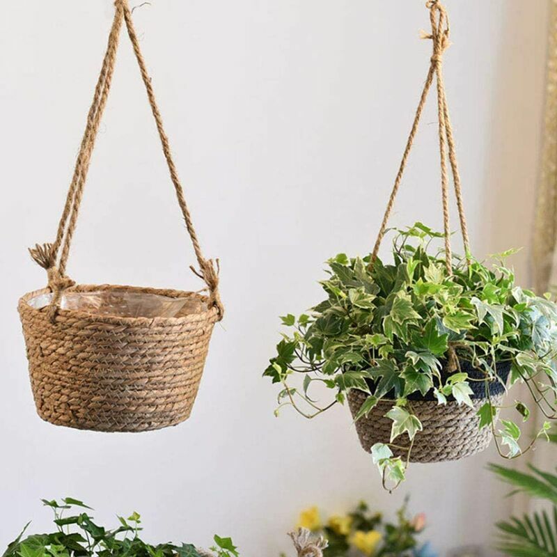 De fleurs à suspendre en corde de jute -pliable en jonc de mer, macramé -pour plantes succulentes, décoration intérieure ou extérieure - 4
