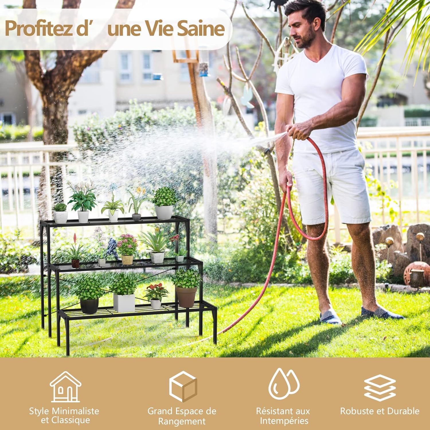 Scaffale Portafiori a 3 Ripiani, Porta Piante da Esterno e Interno a Scala, Scaffale Porta Vasi di Metallo per Balcone, Soggiorno e Giardino - 3