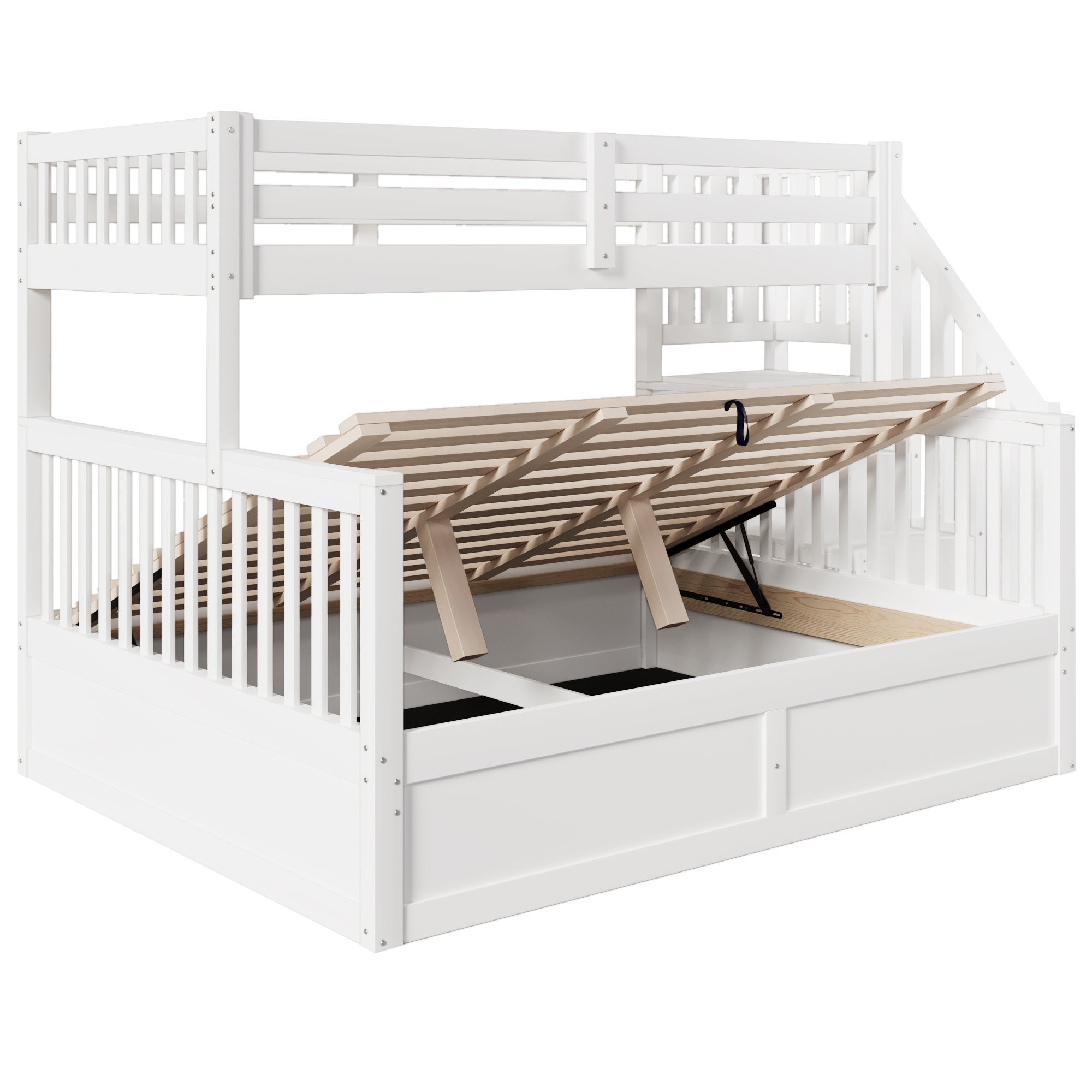 Lit superposé en bois 90x200 et 140x200 cm, lit coffre en dessous avec sommier à lattes, lit d'enfant avec échelle rangement, blanc (sans matelas) - 6