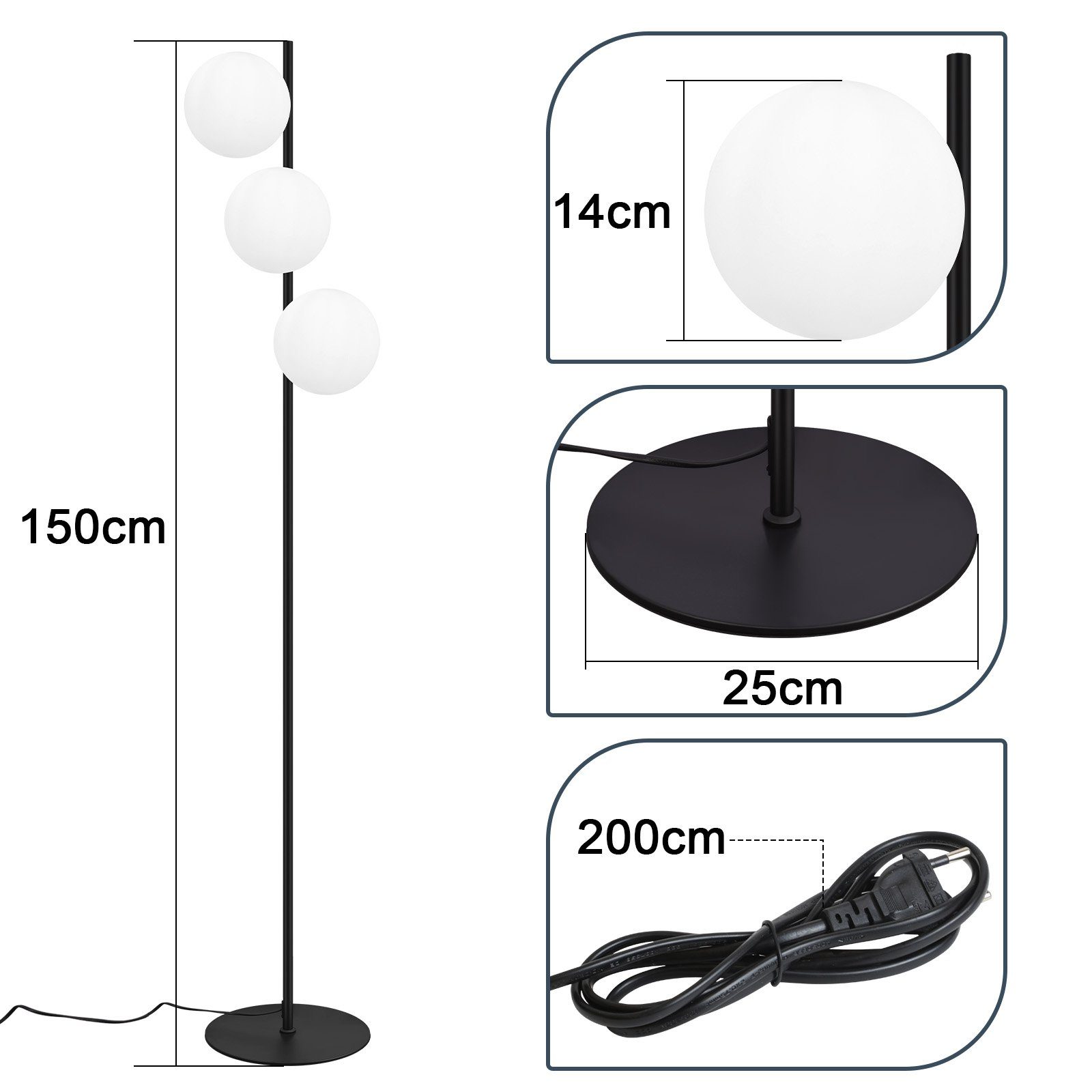 ZMH Lampadaire Noir 3 Lumières Pied E27 Moderne Design Métal Verre avec Interrupteur Pour Salon Bureau - 3