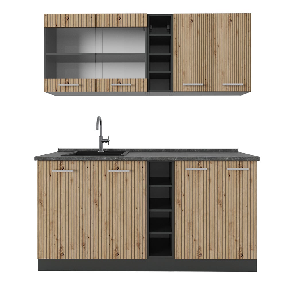 Cuisine R-Line, 140 cm , PT Chêne, Noir brillant/Anthracite, Vicco