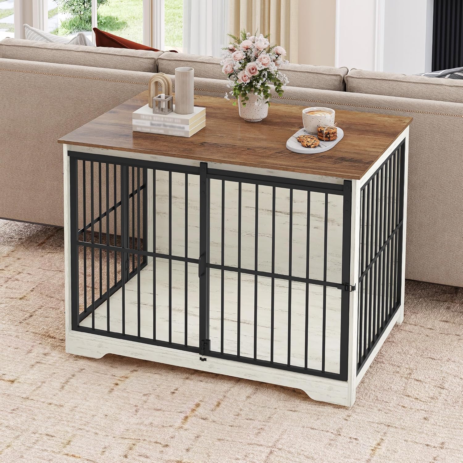 Caixa de transporte para cães, mesa de apoio, canil moderno, casota para cachorros, casota para animais de estimação, 2 portas, branco e castanho - 6
