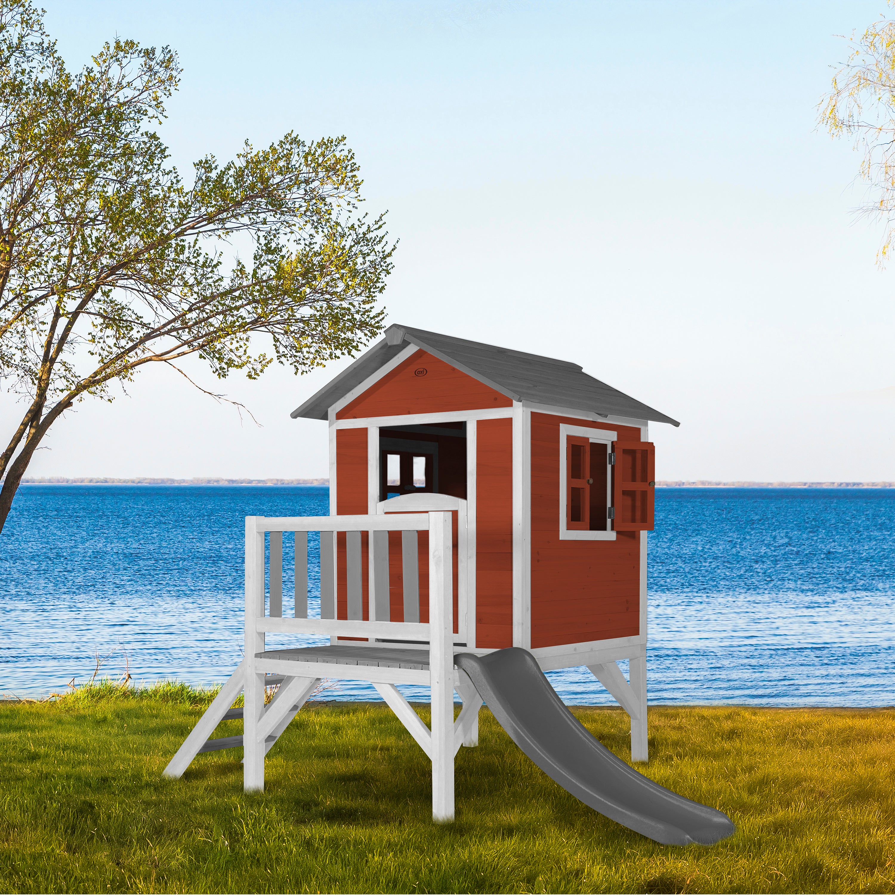 Axi Maison Enfant Beach Lodge Xl En Rouge Avec Toboggan En Gris | Maison De Jeux En Bois Ffc Pour Les Enfants | Maisonnette / Cabane De Jeu Pour Le - 8