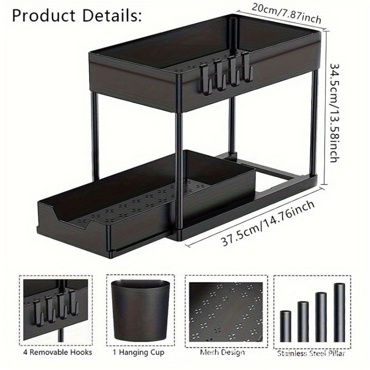 Rangement Sous Evier 2 Niveaux, Coulissant Organisateur Sous Évier Etagere Tiroir, Multi-Usage Étagère pour Cuisine Salle de Bain, Noir. - 2