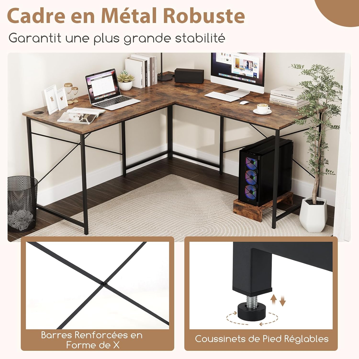 Scrivania Angolare Salvaspazio Reversibile, Scrivania ad Angolo a Forma di L con Presa Integrata, Supporto per Host e Fori per la Gestione dei - 8