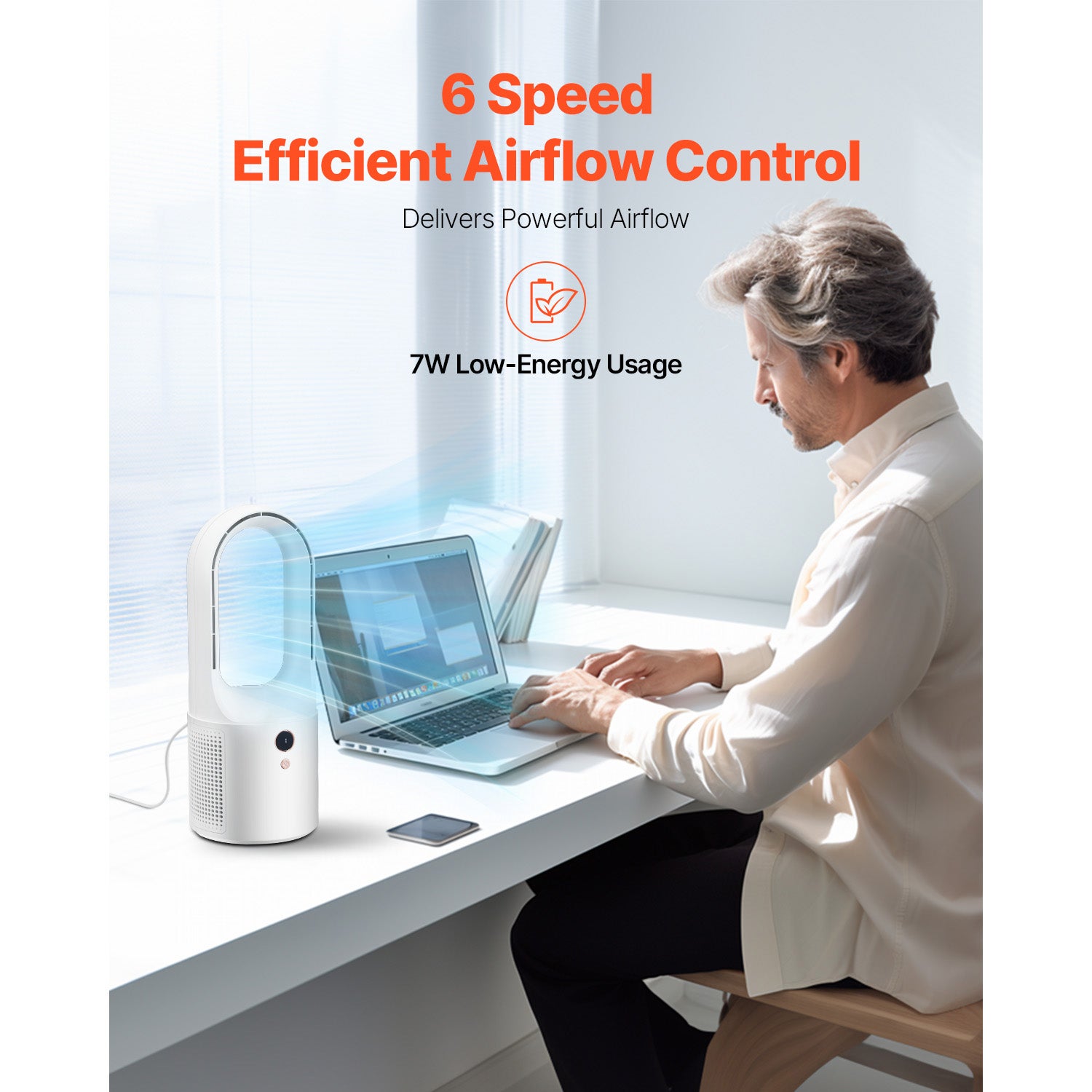 Ventilador de Mesa sem Pás SucceBuy USB Silencioso 7 W 6 Velocidades com Ecrã LCD Compacto Portátil para Quarto Casa Escritório 330 mm - 4