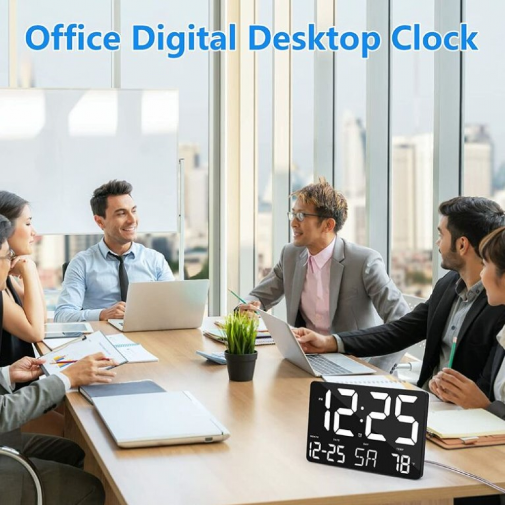 Horloge Horloge numérique,horloge murale numérique à grand écran LED de 30 cm,luminosité réglable,avec jour et date,température intérieure,répétition - 4