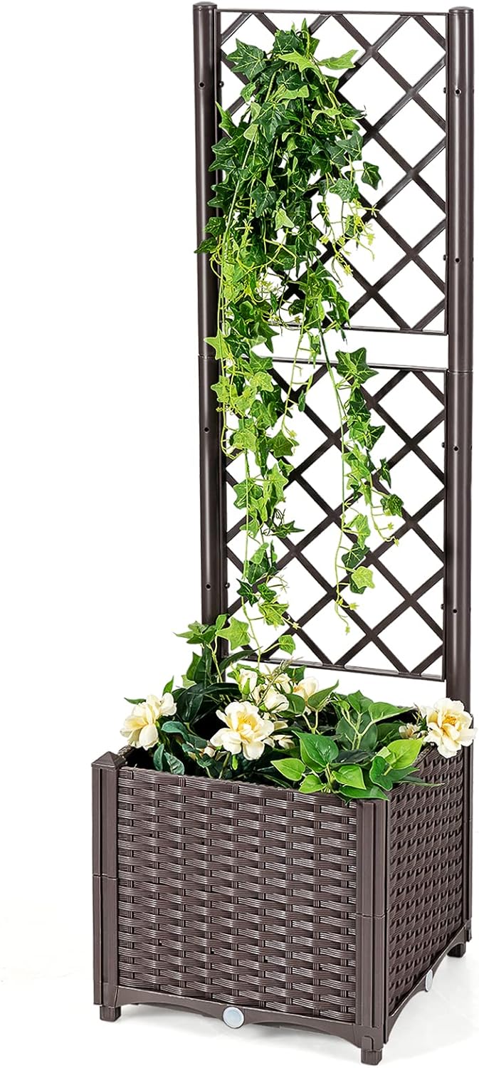 Podwyższona grządka z kratką dla roślin pnących i wiszącym dachem, do ogrodu, na podwórko, taras, donica na rośliny z drewna, pomarańczowa