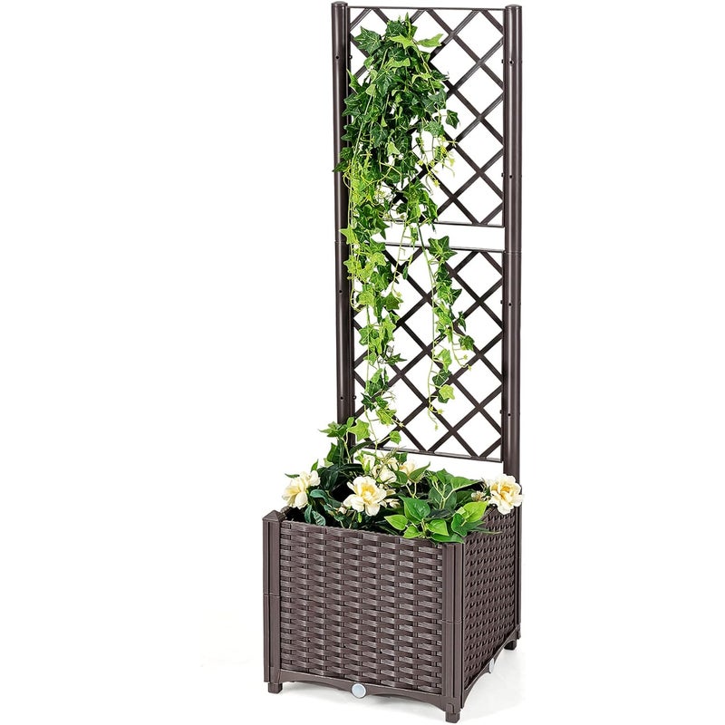 Podwyższona grządka z kratką dla roślin pnących i wiszącym dachem, do ogrodu, na podwórko, taras, donica na rośliny z drewna, pomarańczowa