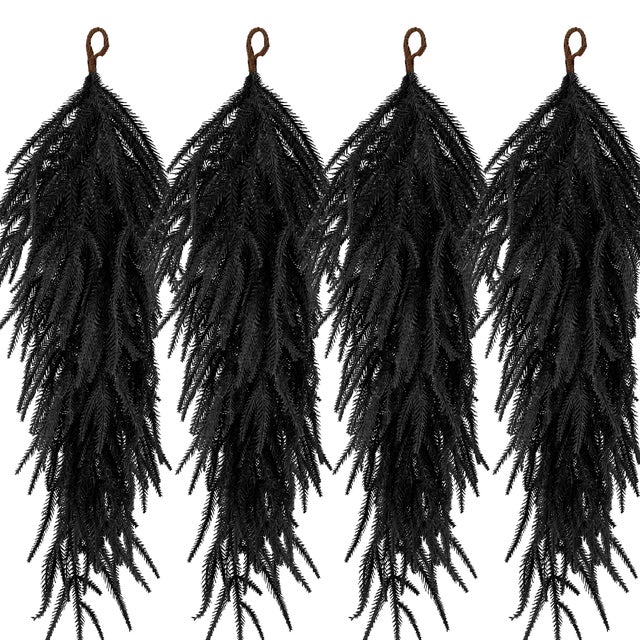 Paquete de 4 coronas de agujas de pino negras de 75 cm – Corona para Halloween y Navidad, decoración otoñal – para puerta de entrada, pared y chimenea