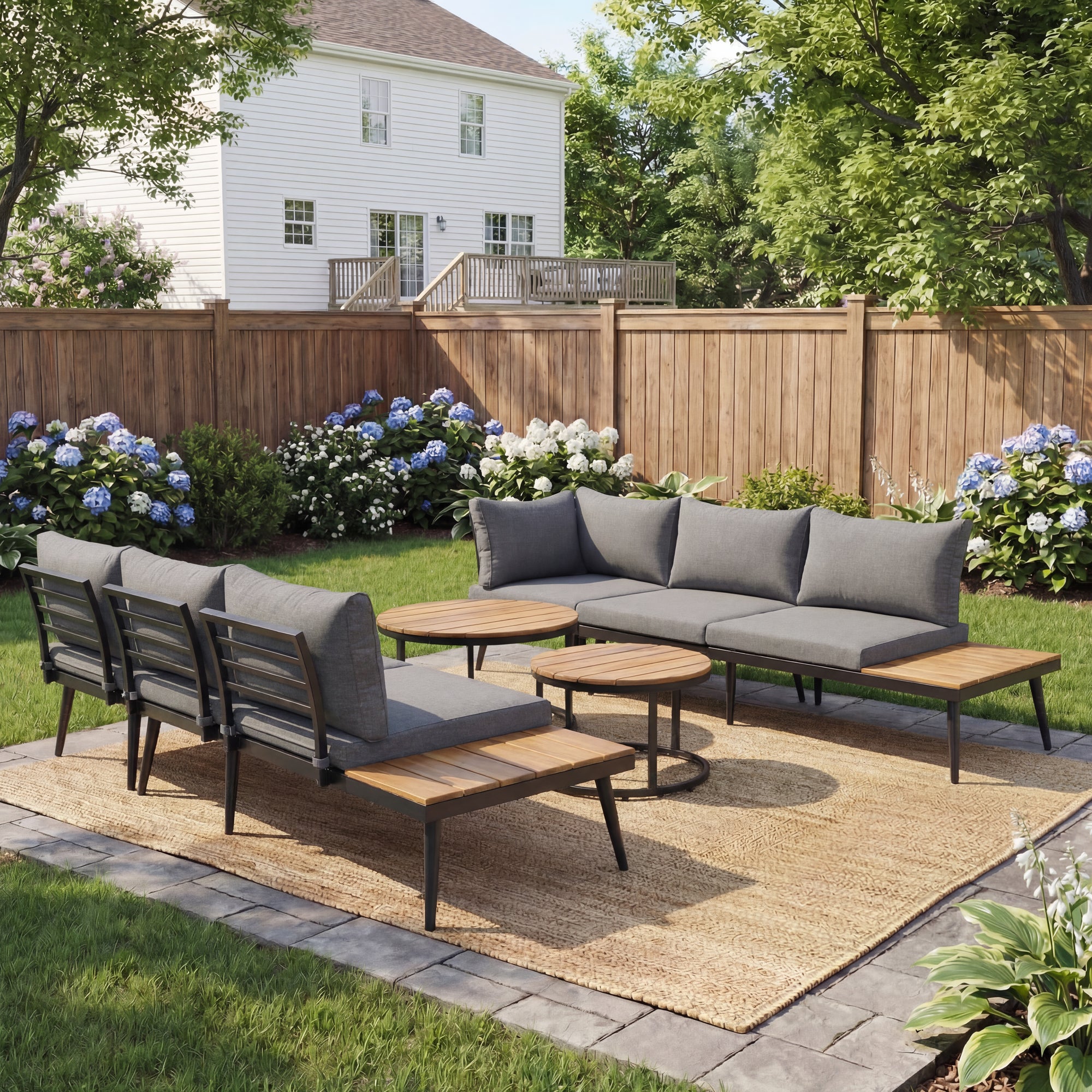 Conjunto de muebles de jardín modulares de 6 plazas - 2 sofás + 2 sillas + mesas de centro nido - gris antiguo + marrón - 2