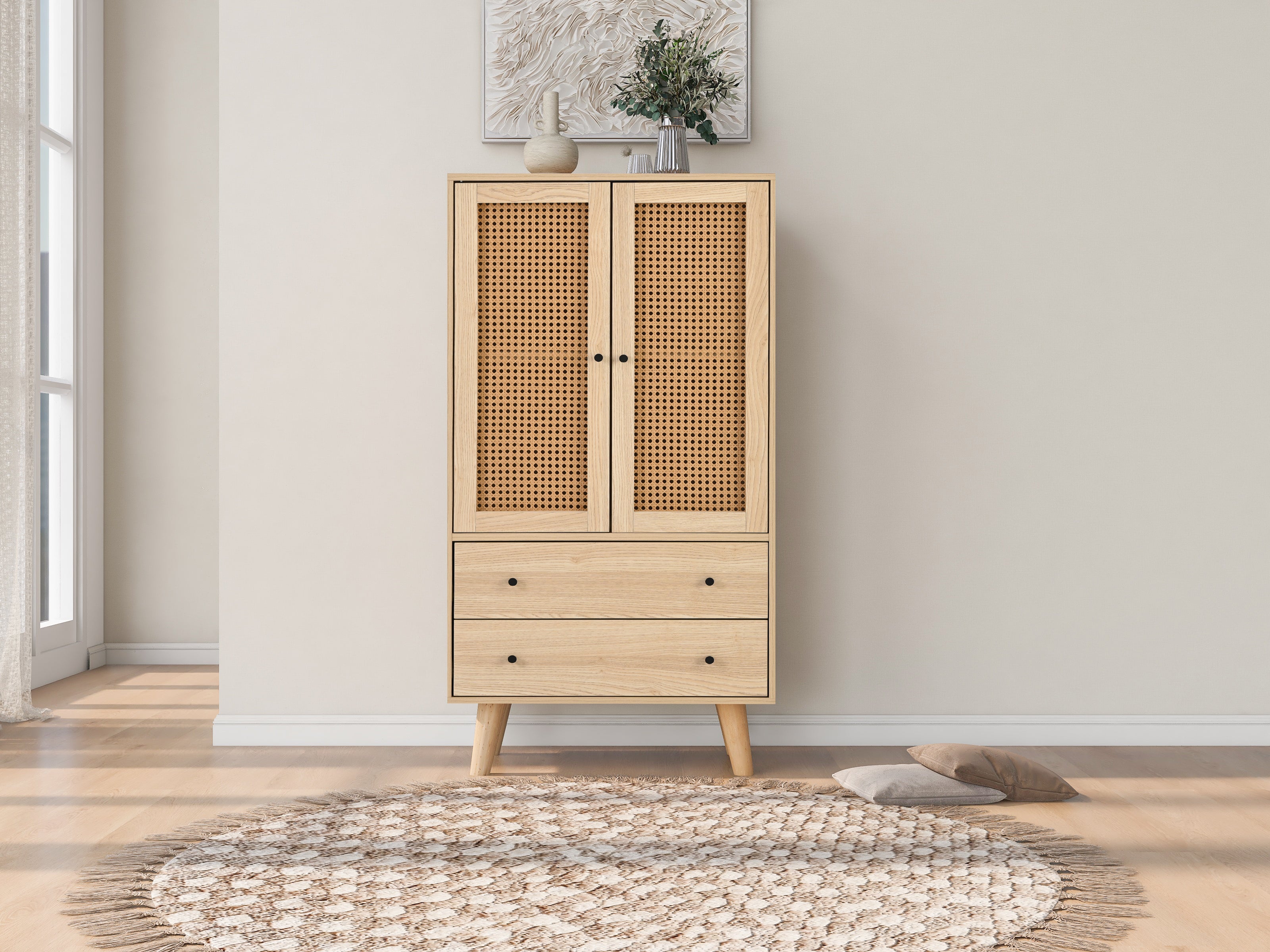 Commode buffet 60 cm de large - 4 tiroirs et portes grand rangement pour salon - 10