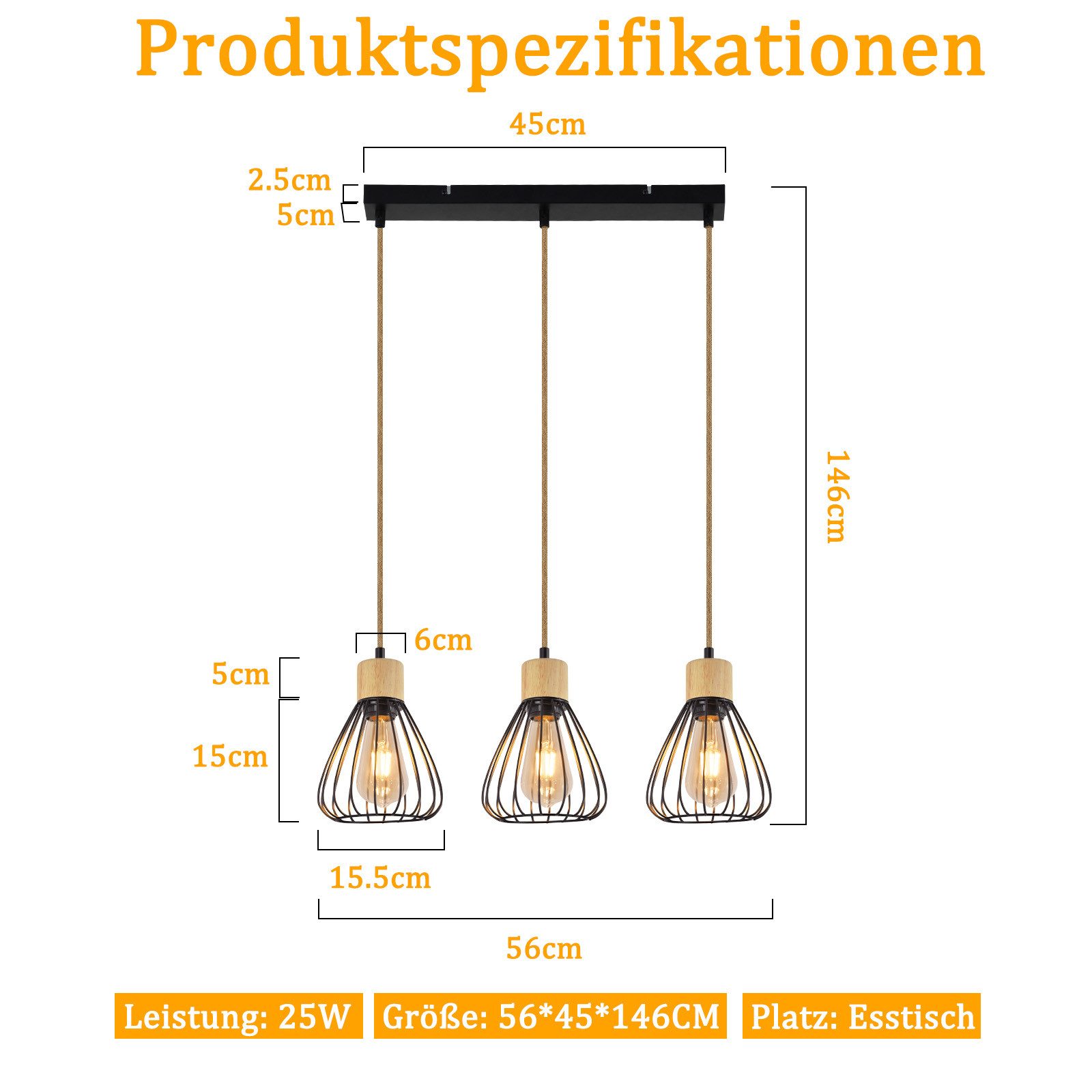 NETTLIFE Lampa wisząca Vintage Industrial Retro Lampa wisząca do salonu z drewna i liny konopnej w czarnym metalu 3 płomienie E27 - 3