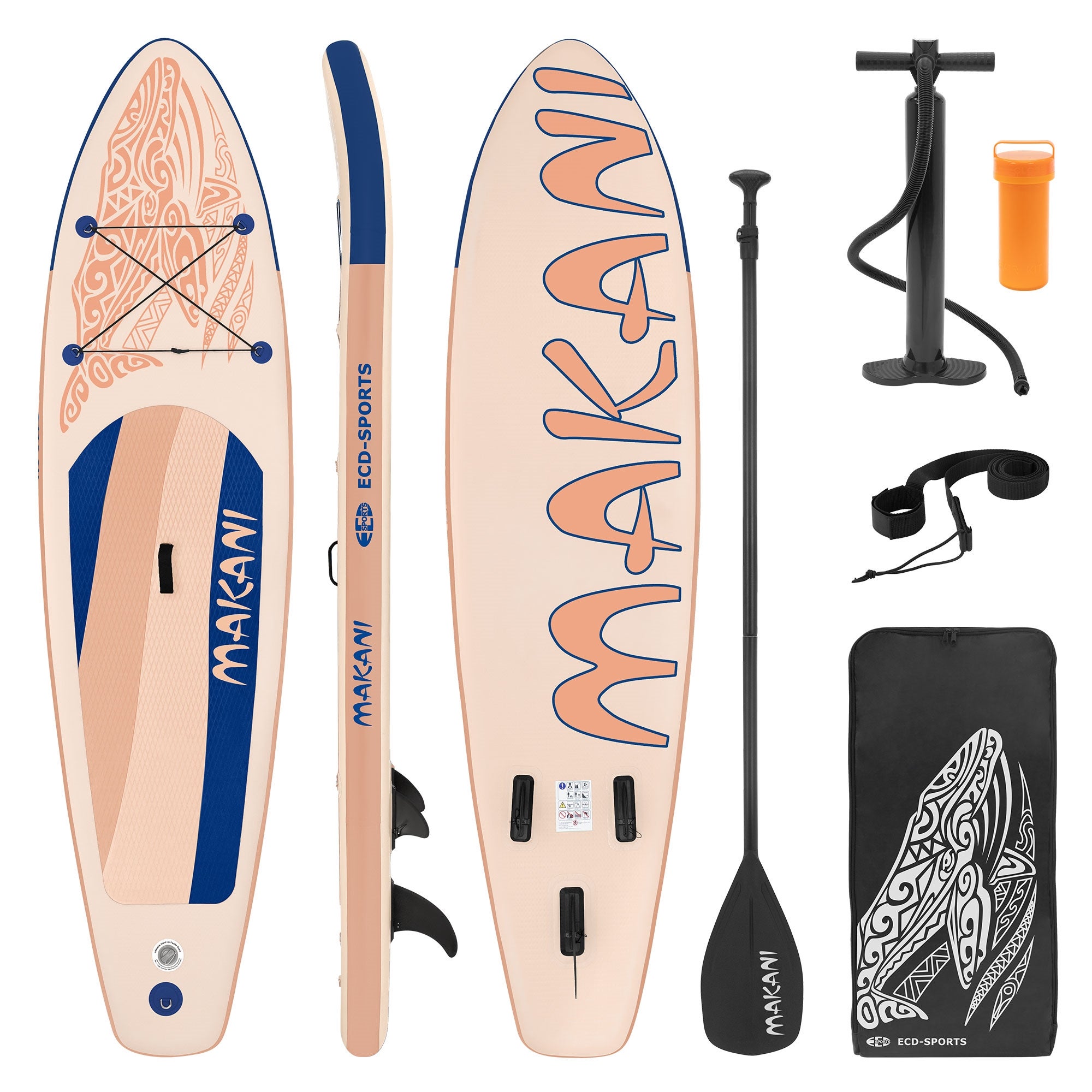 ECD Germany nadmuchiwana deska SUP Makani 320x80x15cm morela PVC udźwig do 120kg zawiera torbę pompkę i akcesoria idealna do wiosłowania