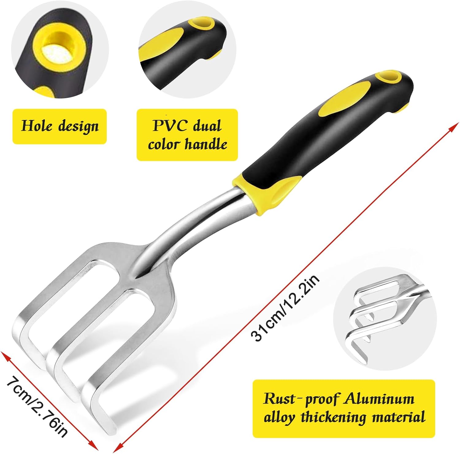 Zestaw attrezzi da giardino z aluminium da 3 pezzi: rastrello, pala, vanga, cazzuola e pala a punta larga con manici antiscivolo (giallo*1） - 3