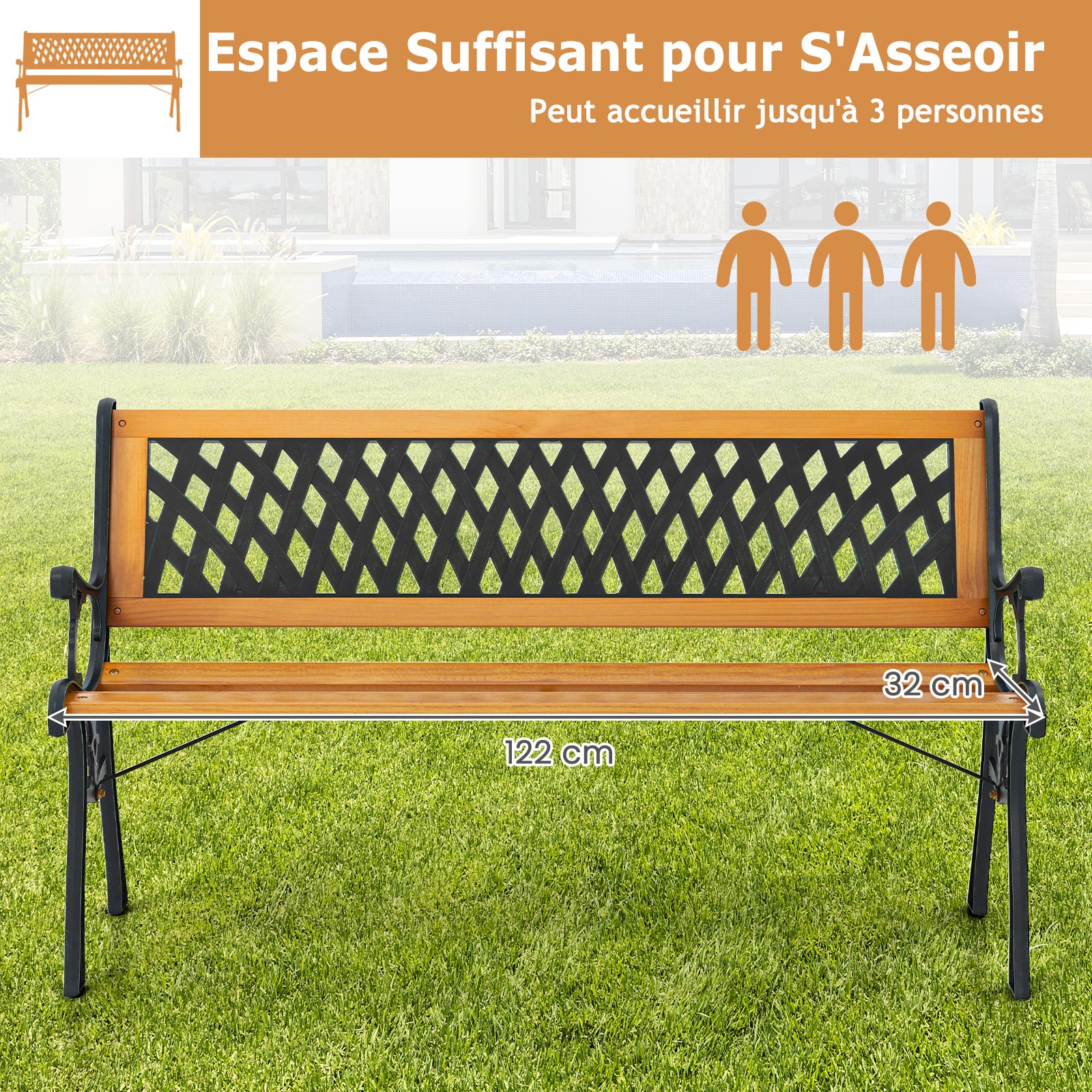 Banc de Jardin d'Extérieur, Banc de Parc pour 3 Personnes, Cadre en Métal Moulé, Siège en Bois de Pin, Accoudoirs, Banc à Lattes, pour Jardin, Parc - 5