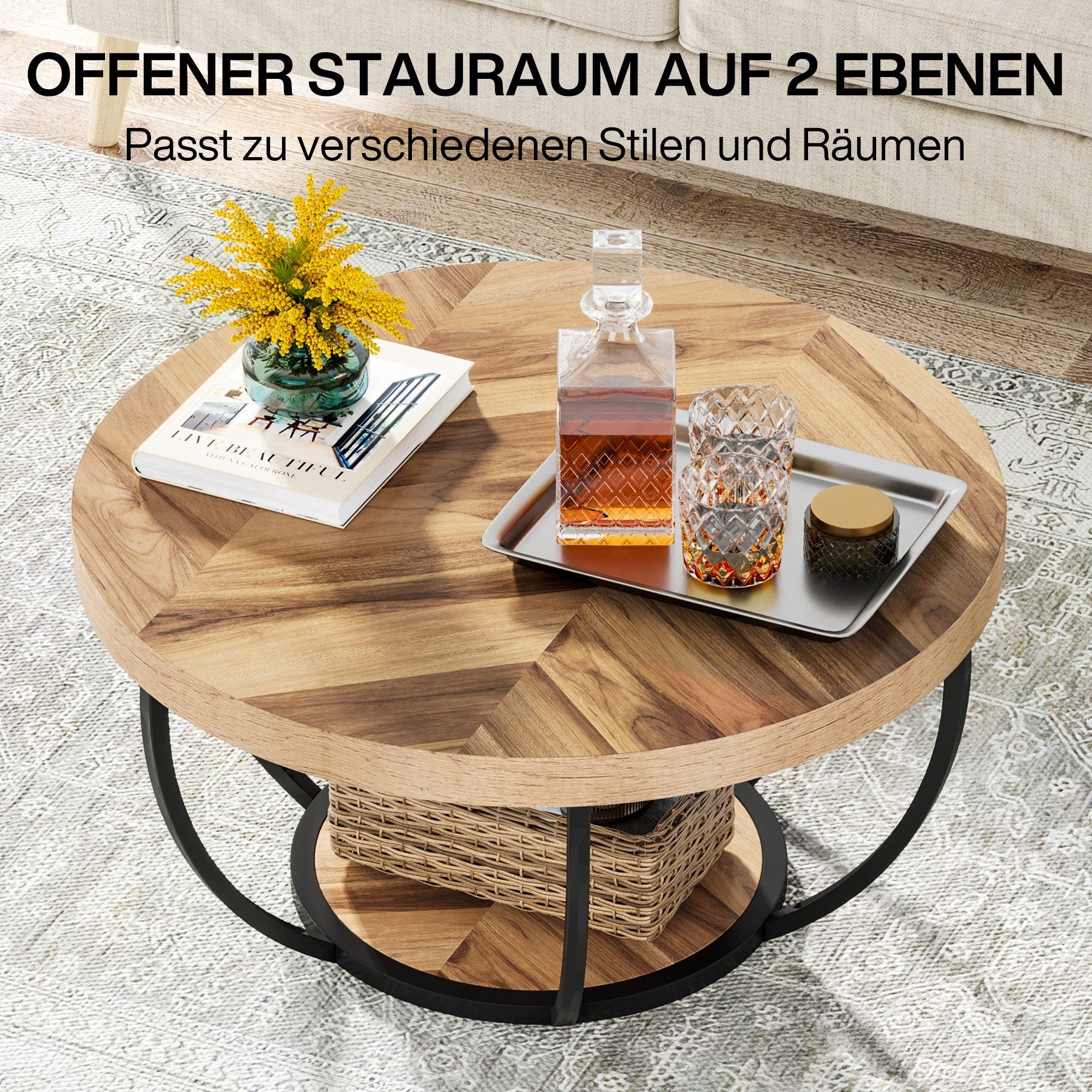 Tribesigns Industrial 2-Tier round Coffee Table , 80*80*45CM, with Storage Shelves for Living Room, Wooden Grain - 8