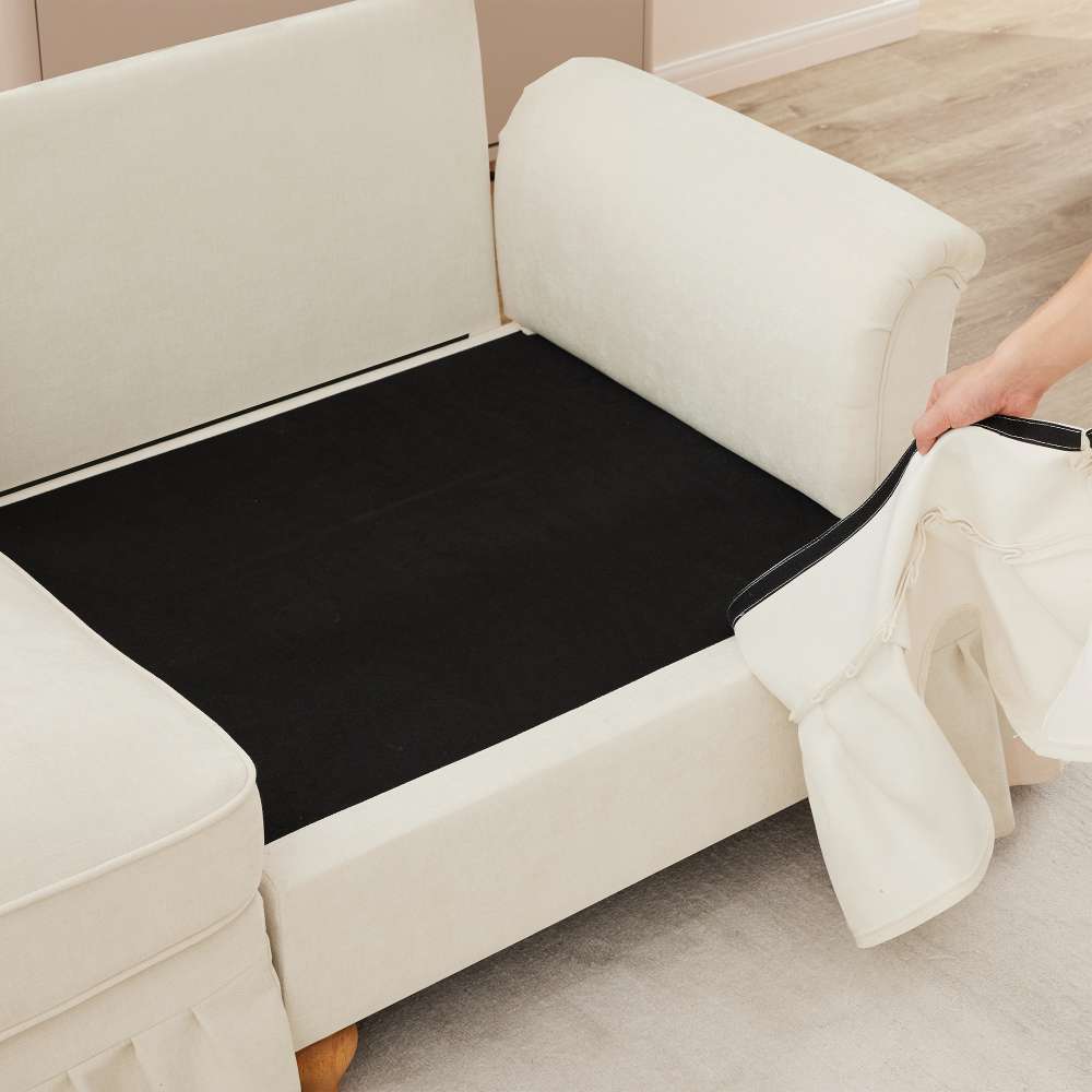 Divano modulare a U con braccioli a tromba, gonna rimovibile e piedi spindle – seduta profonda e morbida con pouf rimovibile, 2 design in 1. - 4