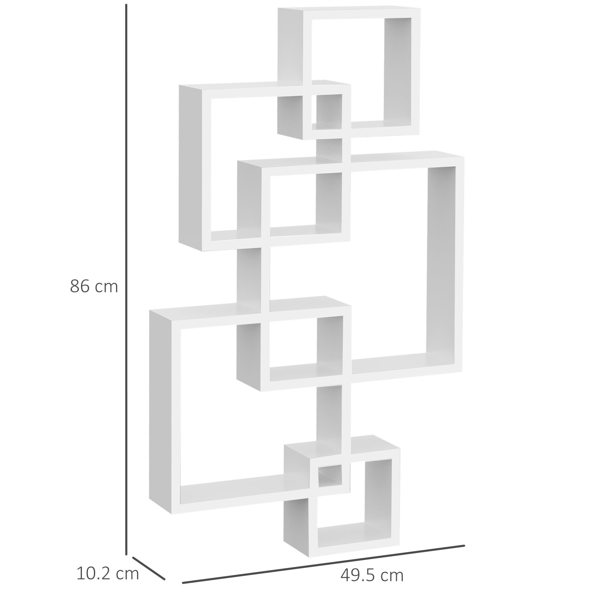Étagère murale suspendue avec 5 cubes et 9 compartiments en bois d’épicéa blanc, 49,5 x 10,2 x 86 cm, idéale pour salon. - 4