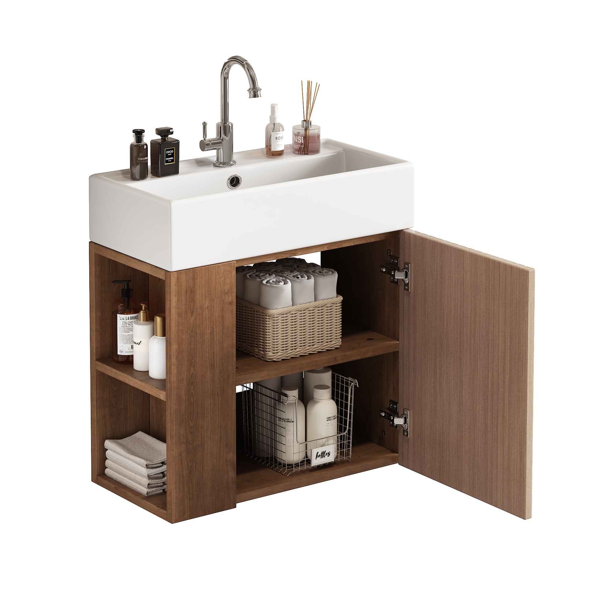 Mobile bagno sospeso con lavabo singolo, base con lavabo in ceramica - 55 x 31 x 66,5 cm - MDF - Marrone - 5