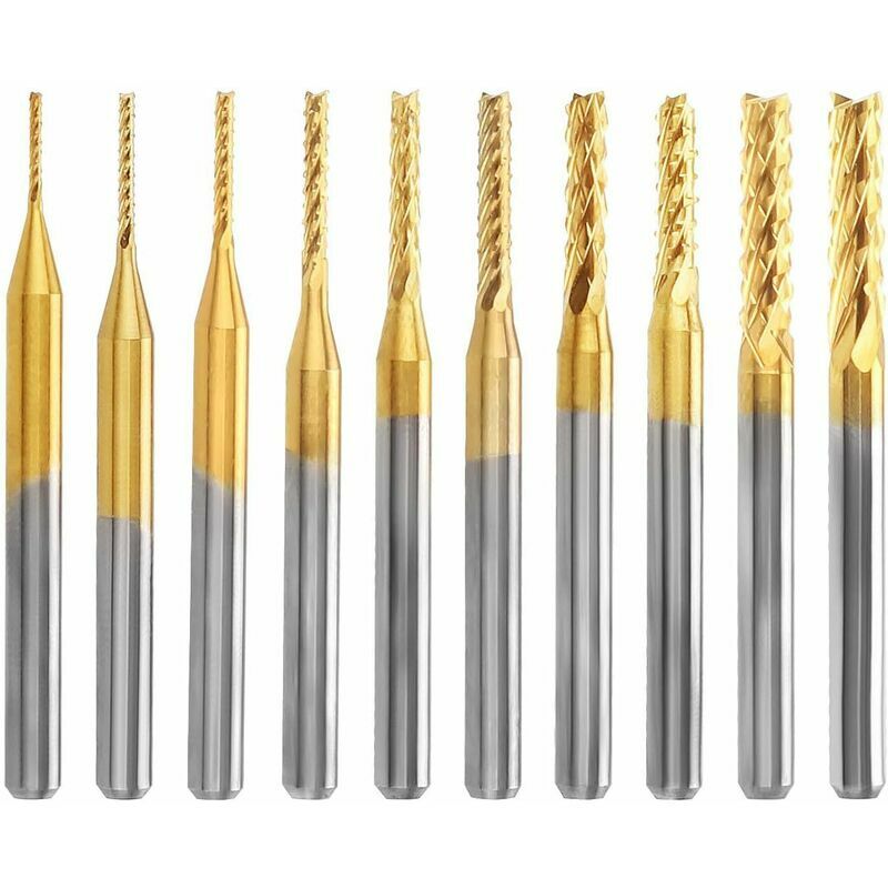 Zestaw 10 obrotowych frezów walcowo-czołowych z węglika tytanu powlekanego węglem do grawerowania CNC, od 0,8 mm do 3,175 mm.