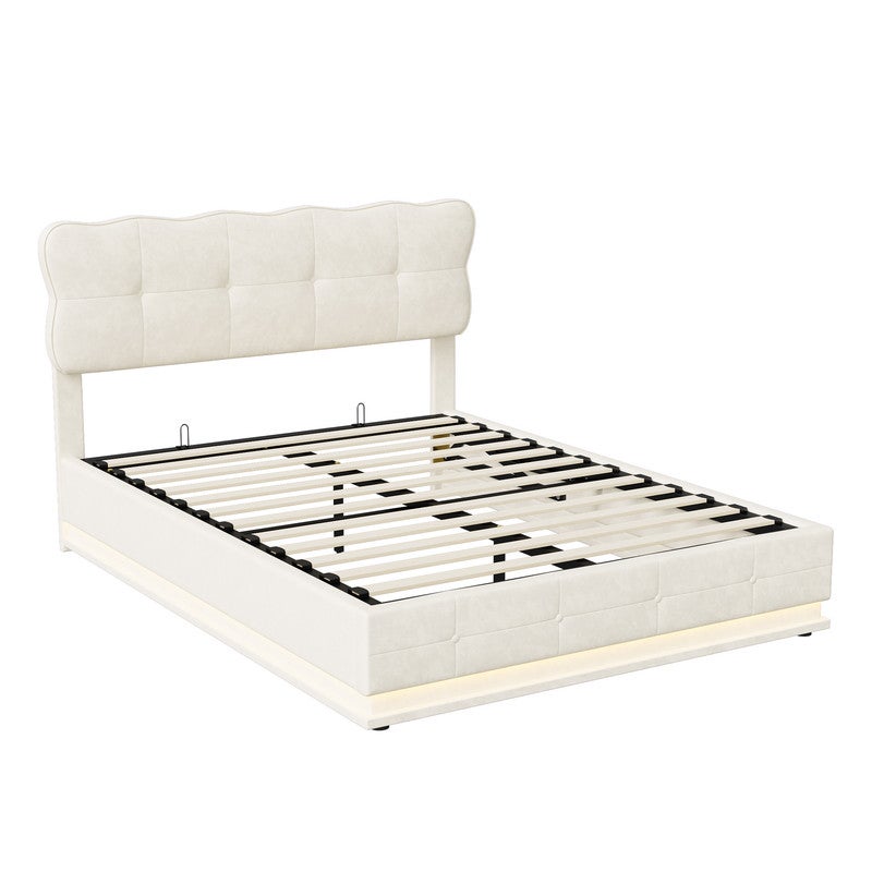 Lit coffre adulte 140x190 avec sommier, velours, LED Éclairage, structure métal, grand espace rangement, lit double, style scandinave - Beige - 5