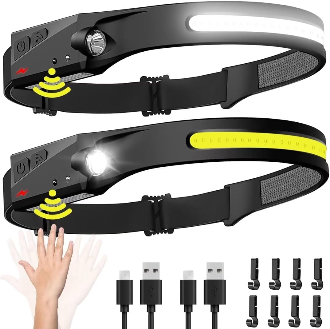 2 Pièces Lampe Frontale Rechargeable 230° Avec Capteur Mouvement - Idéale Camping, Pêche, Cyclisme
