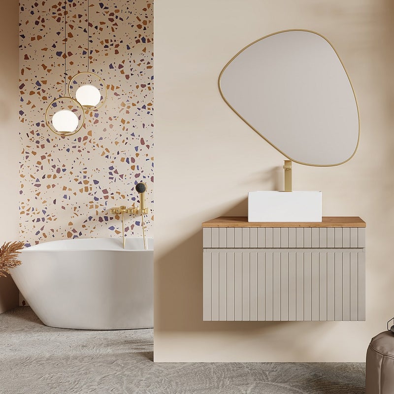 Wisząca szafka łazienkowa prążkowana beżowa z umywalką nablatową kwadratową – 80 cm – SATARA