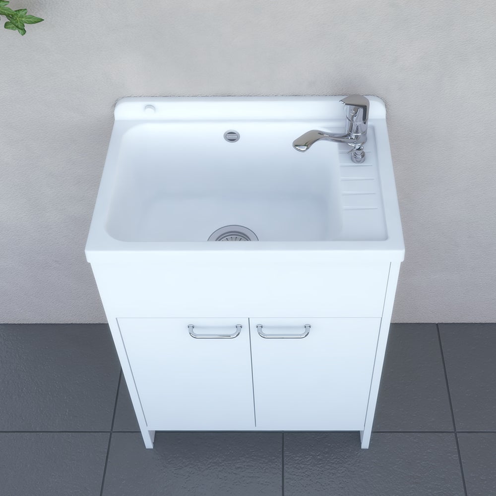 Meuble sous-évier gain de place en PVC blanc 58 cm avec vasque et bonde en inox - 2