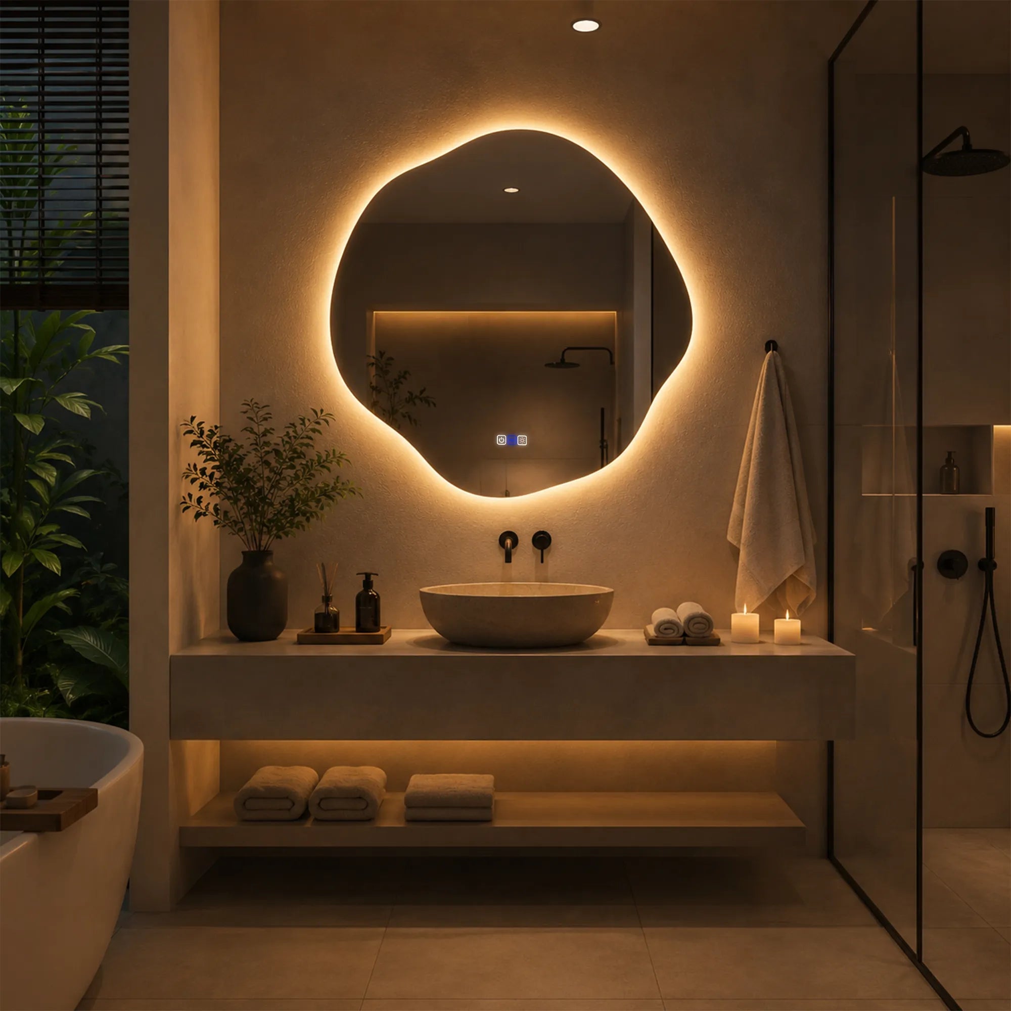 Oglinda LED Asimetrica v5 60x60 cm , LED Reglabil 3000K-6000K, Touch, ON/OFF, Dimare, Reglare LED, Functie Dezaburire - Reyze Ambient