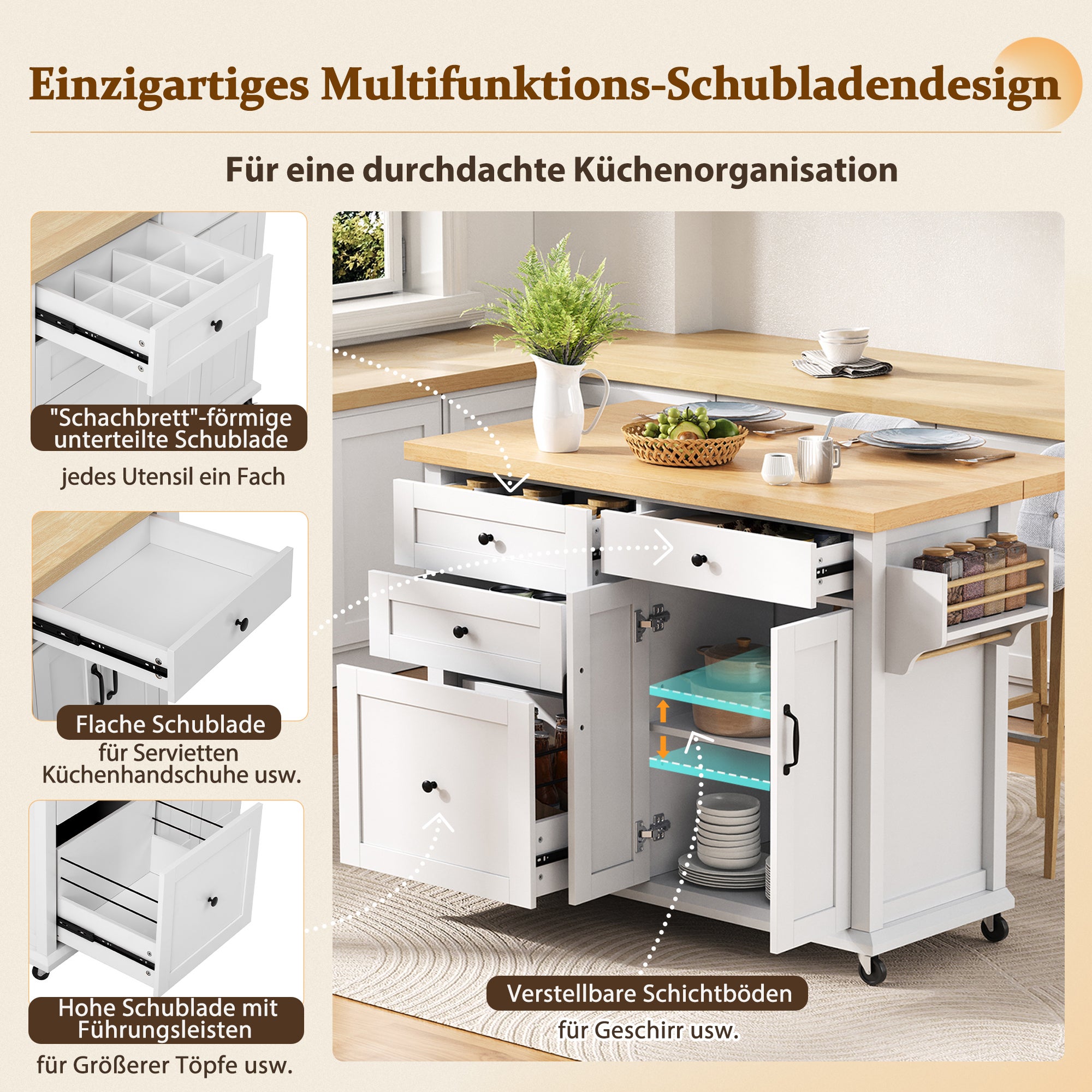 Mobilna wyspa kuchenna z 3 szufladami i 3 drzwiami - 107 x 45/70 x 90 cm - MDF - Rozkładany blat - Biały + naturalny - 8