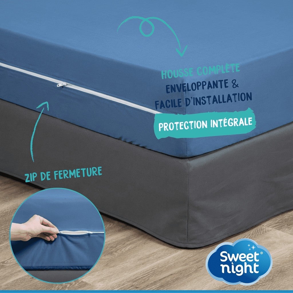 Housse Intégrale Matelas 140x190 cm Bleue - Rénove Matelas Zippé Imperméable - Lavage 95°C - 5