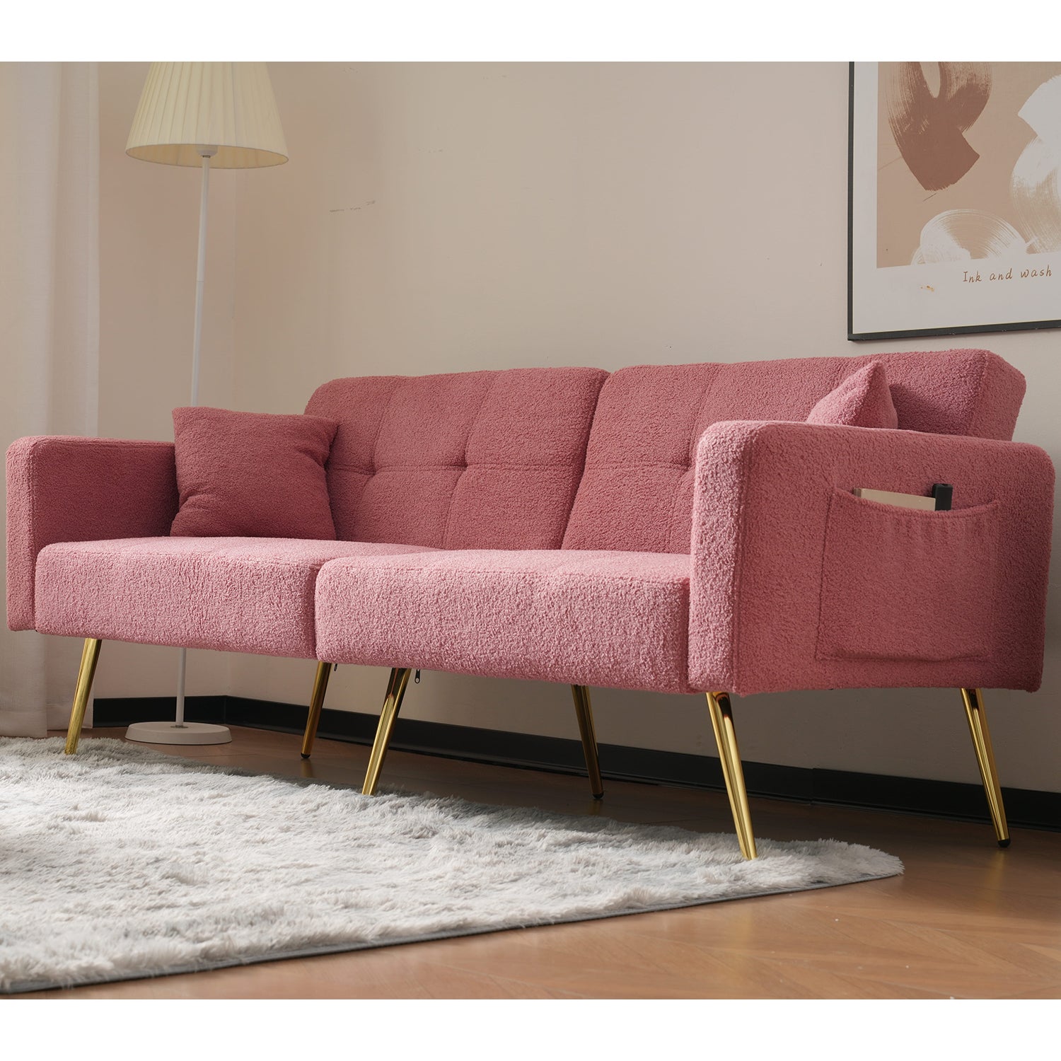 Sofa rozkładana z regulowanym oparciem - 2-osobowa - tkanina French Terry - różowa - 3
