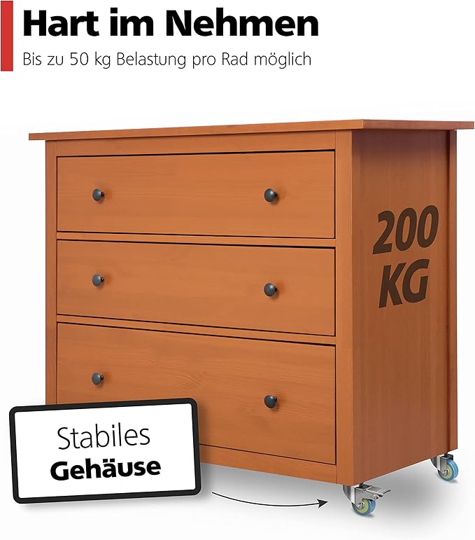 Jeu de 4 roulettes pour meubles 50 mm - Roulettes pour charges lourdes jusqu’à 50 kg par roue - 2 roues avec freins - 3