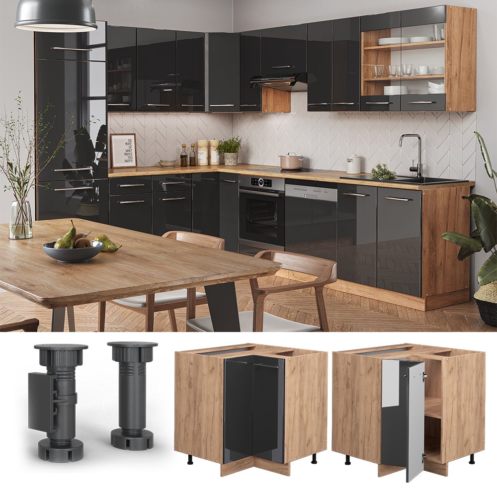 Vicco meuble cuisine Fame-Line, Bleu foncé brillant/Chêne de force doré