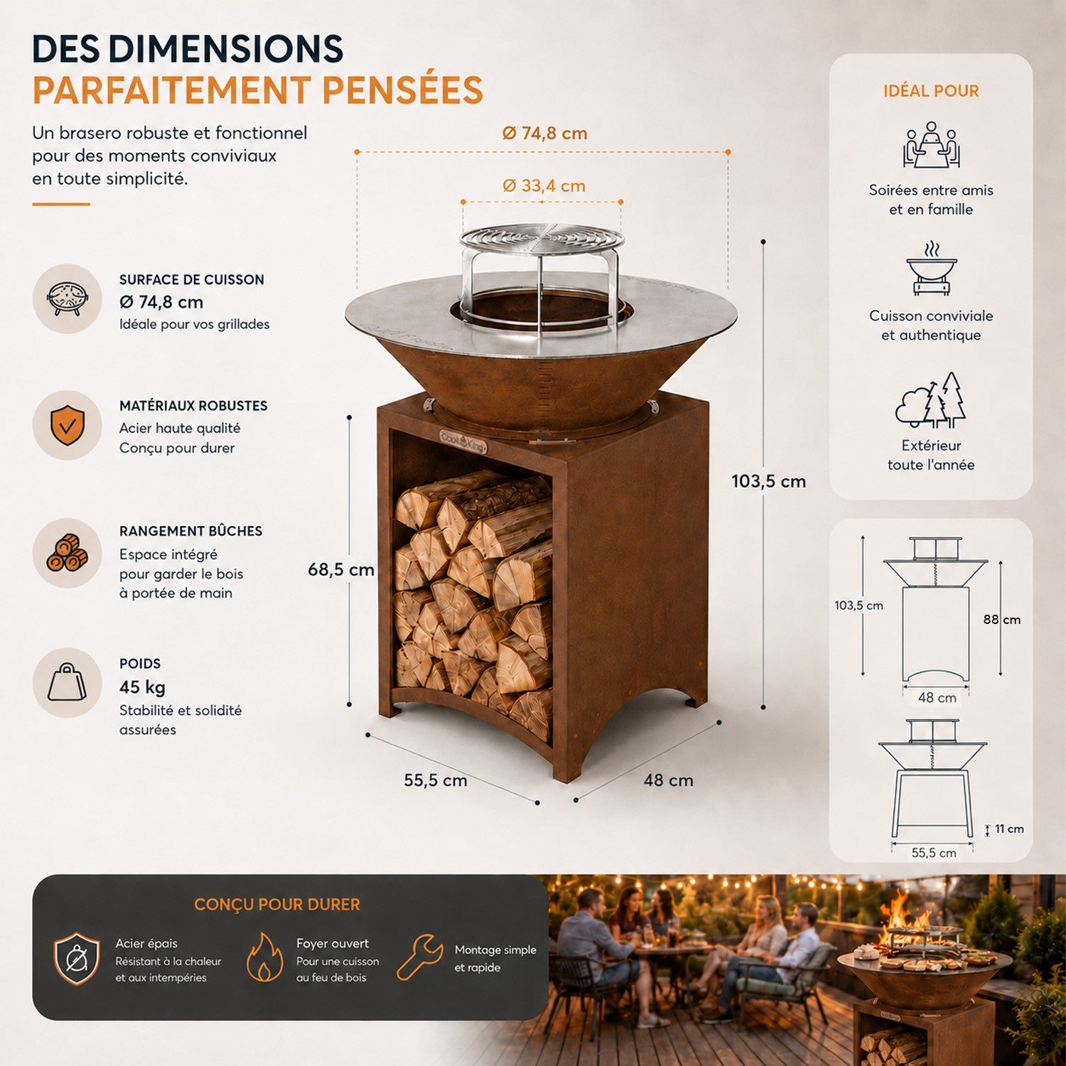 FIESTA Brasero haut acier corten avec plaque et grille amovible inox barbecue plancha extérieur Ø 75 cm - 4