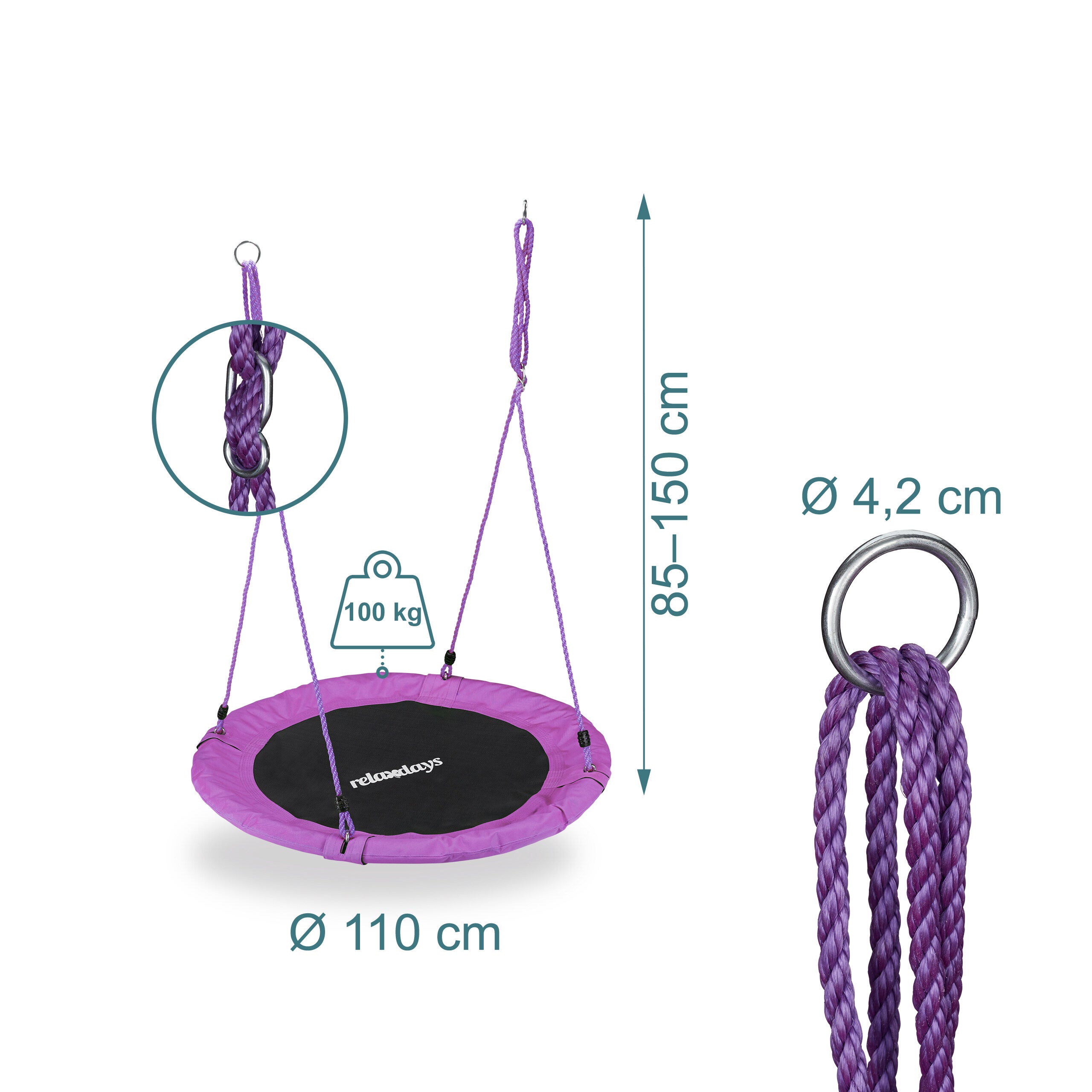 Balançoire nid d'oiseau rond 110 cm à suspendre enfant adulte jardin extérieur Ø 110 cm, 100 kg, violet, Relaxdays - 4