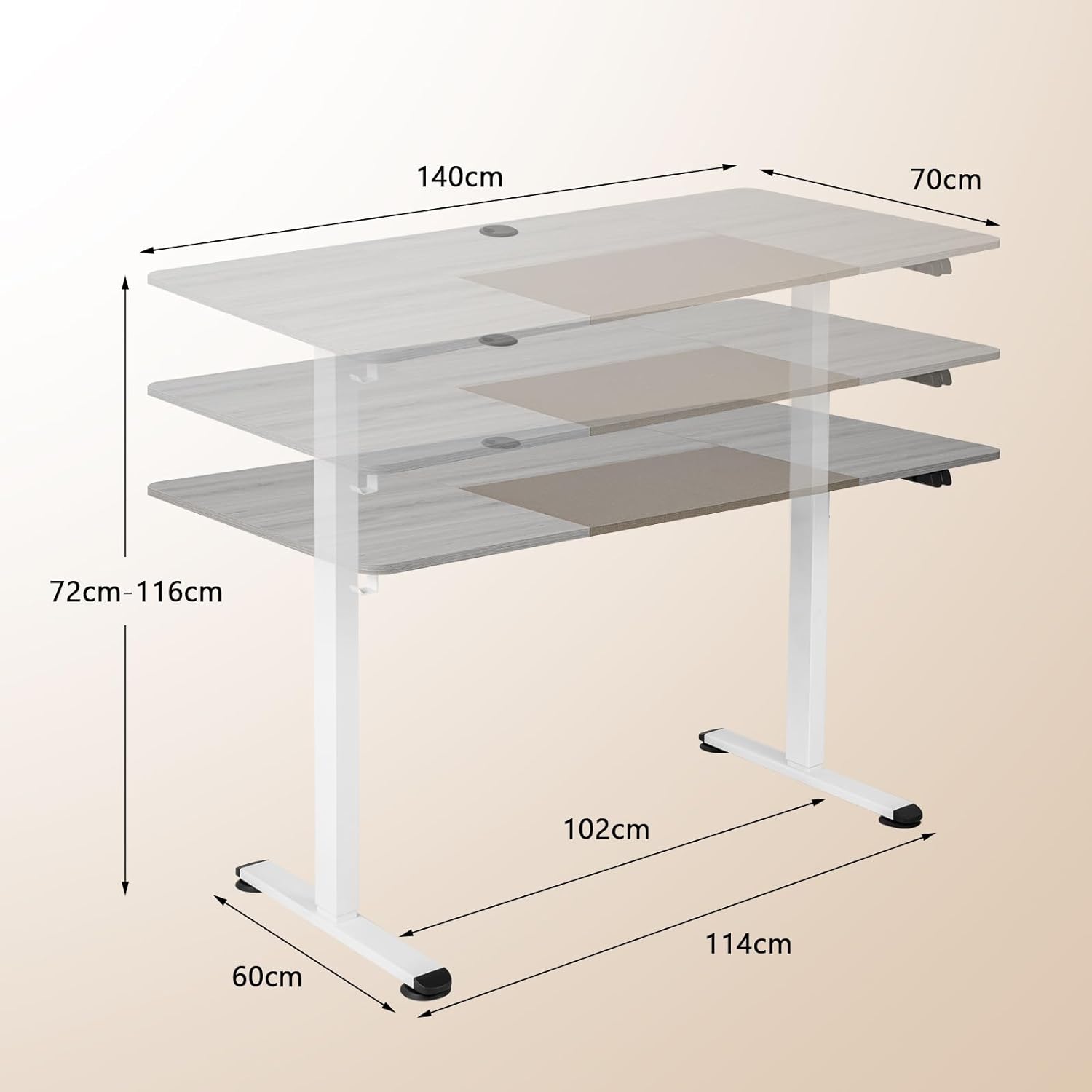 Bureau Assis Debout 70 x 140 cm, Bureau Électrique Réglable en Hauteur avec Mono-Moteur, Support de Câble, Crochet, Naturel Foncé - 3