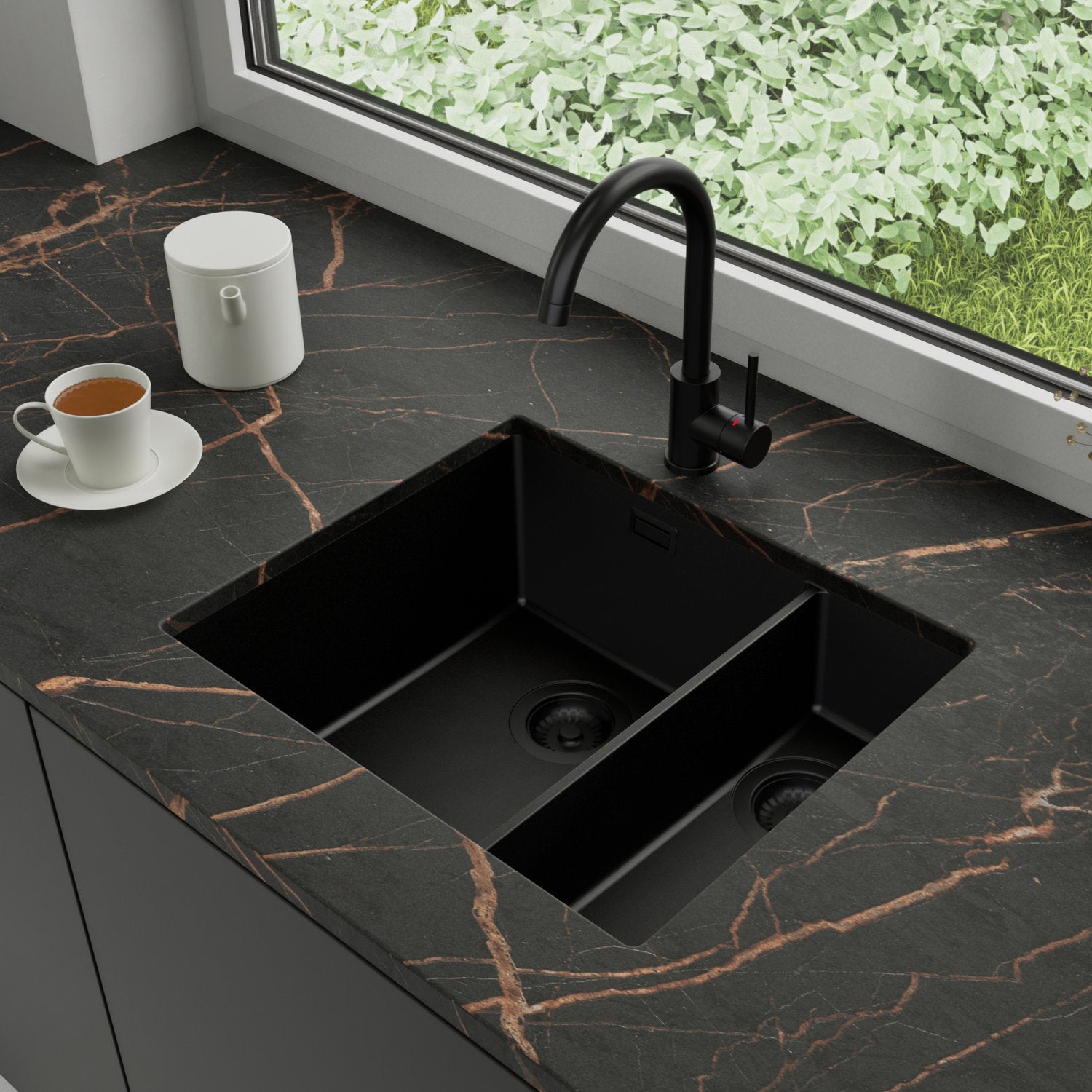 Zlewozmywak podblatowy 56x47cm, do szafki od 60cm + Bateria + Syfon - Agate Cały Czarny STONESTYLE