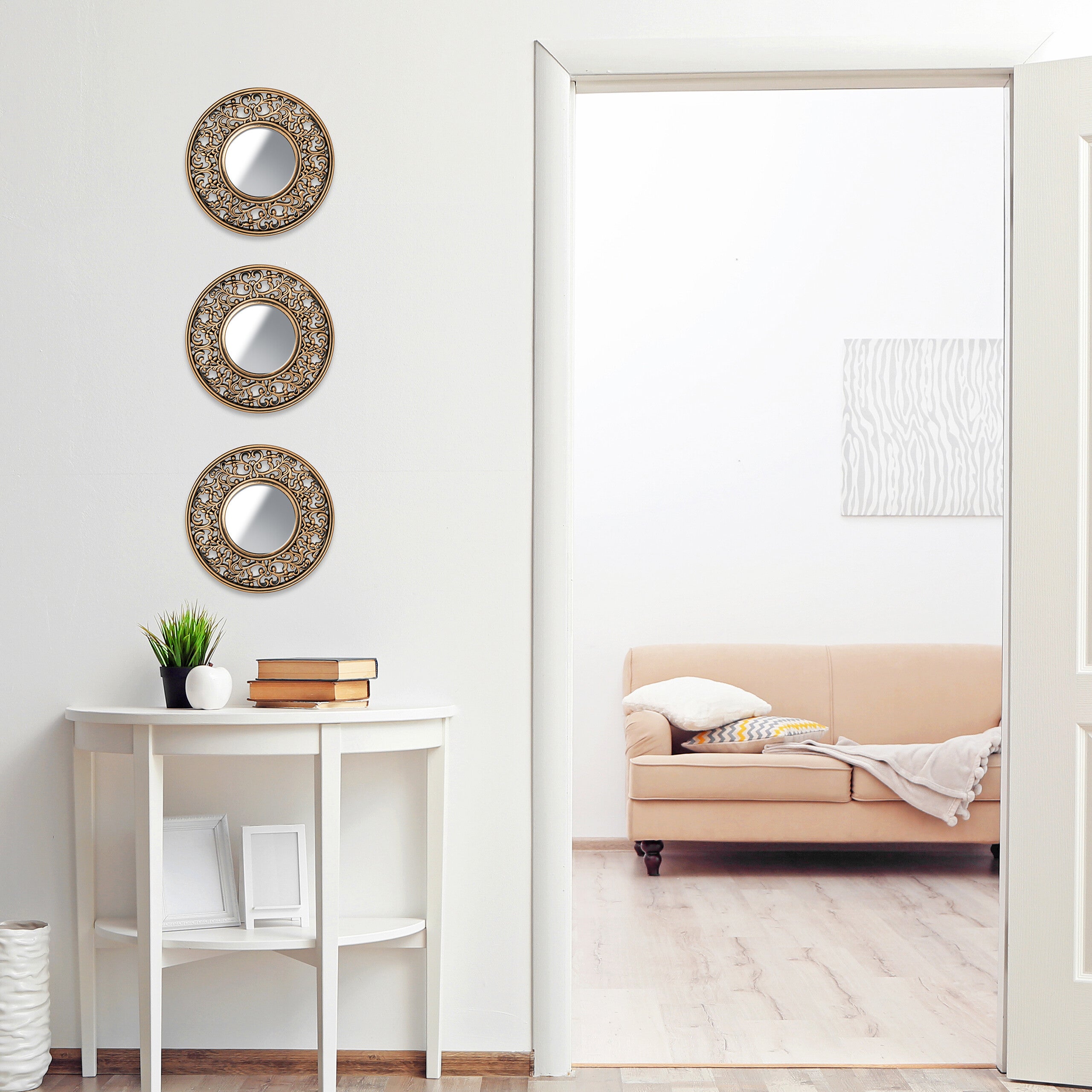 Relaxdays Specchio Decorativo in Set da 3, Rotondo, Design Floreale, da