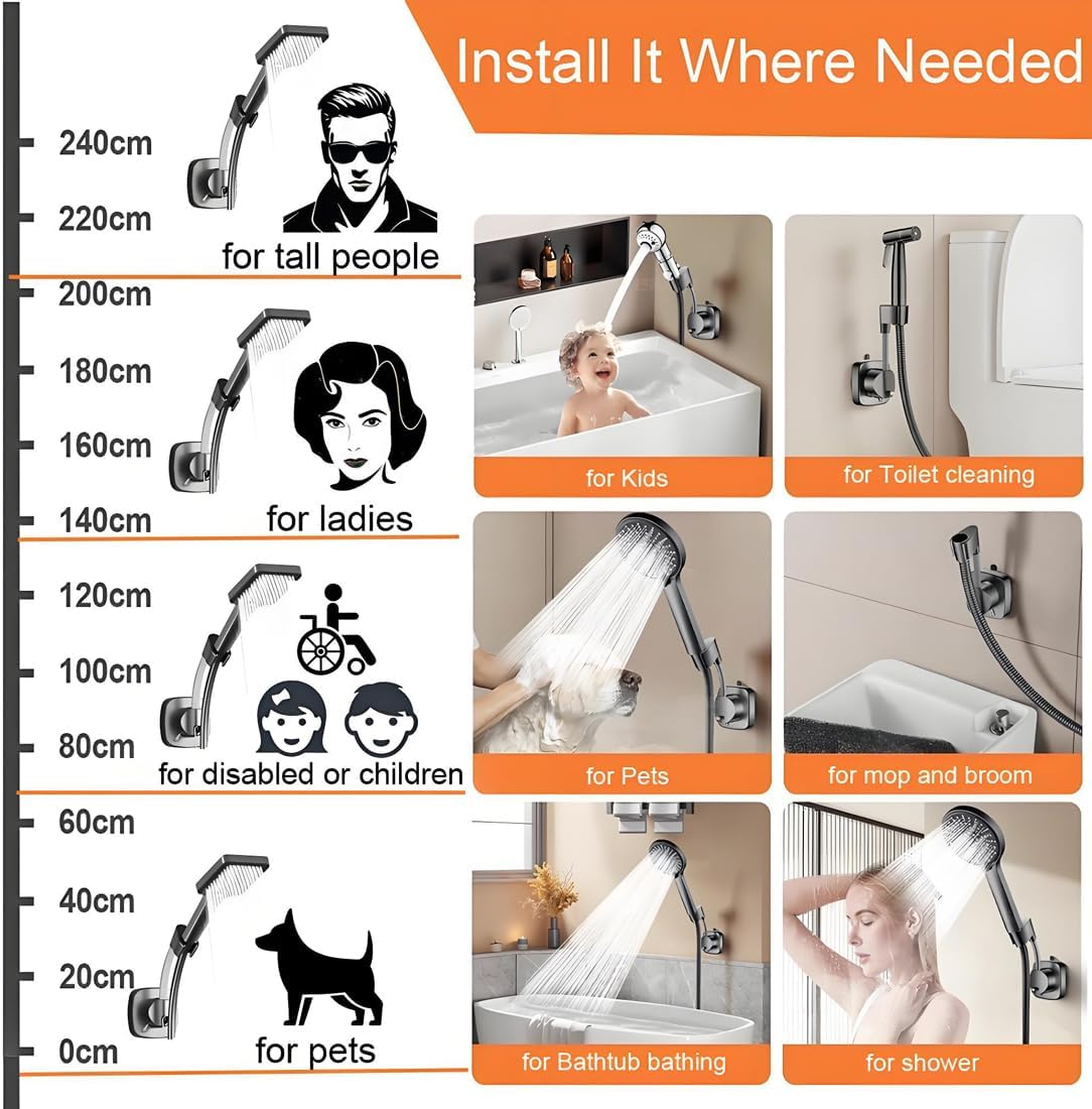 Support Pommeau de Douche à Ventouse - Bras Flexible 120°, Fixation Murale Sans Perçage avec Crochet - Universel & Repositionnable, Argent - 5