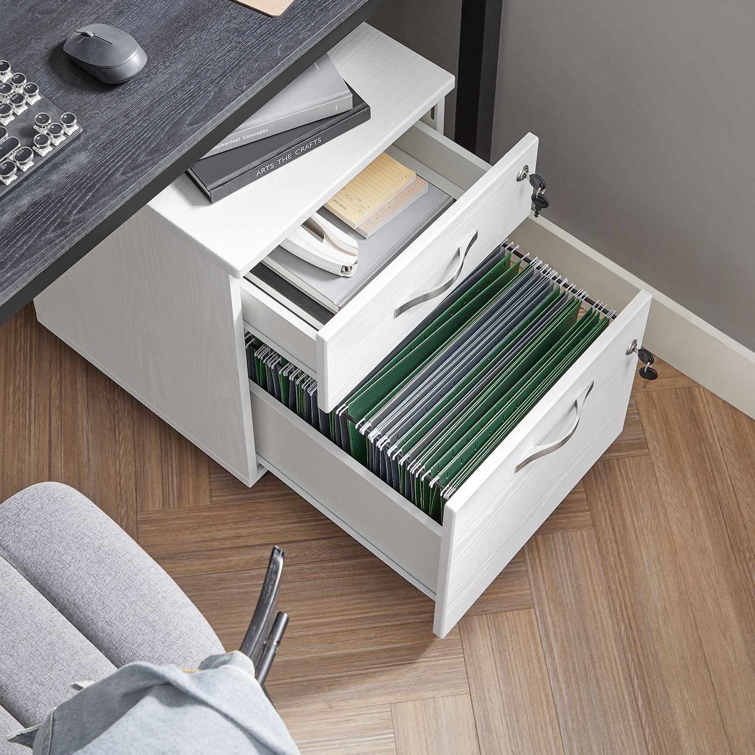 Caisson Bureau, Avec 2 Tiorirs, 5 Roulettes, Surface Texturée - 7
