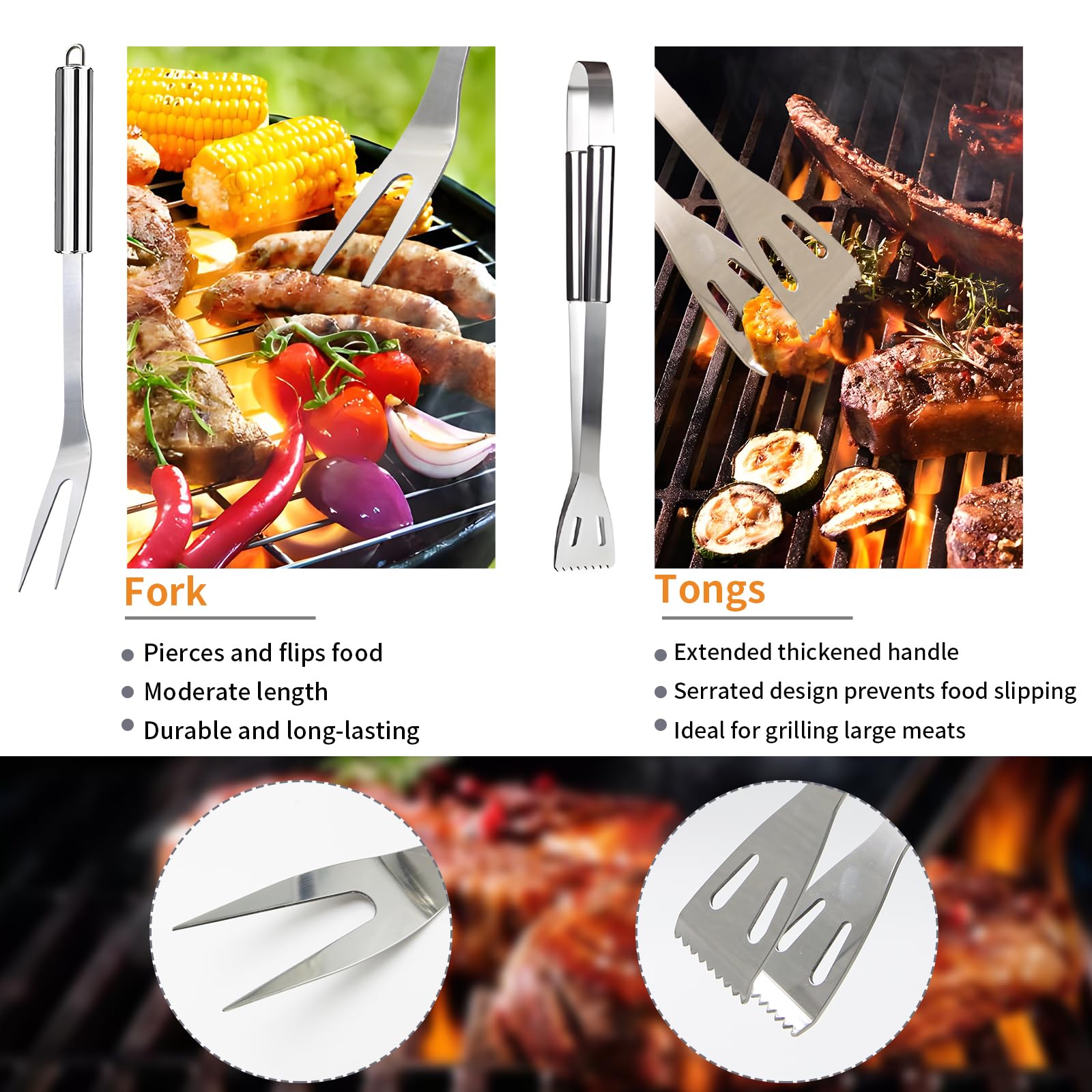 Ensemble d'ustensiles de barbecue 5 en 1, 5 pièces en acier inoxydable avec thermomètre pour camping, barbecue, pique-nique - 5