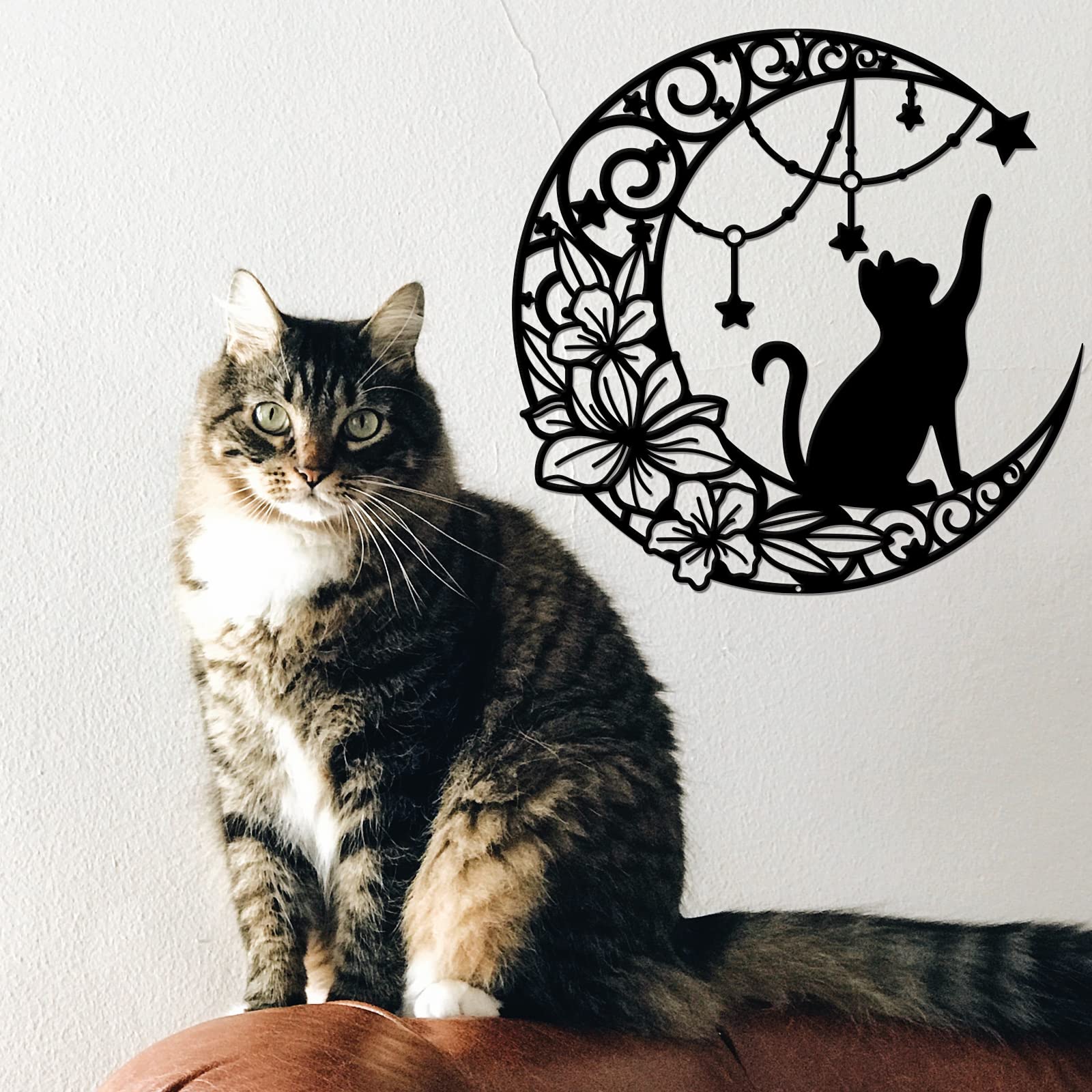 Decoración de pared de metal con forma de luna y gato,decoración moderna para colgar en la pared,arte de pared con silueta,cuadro de metal,para photel
